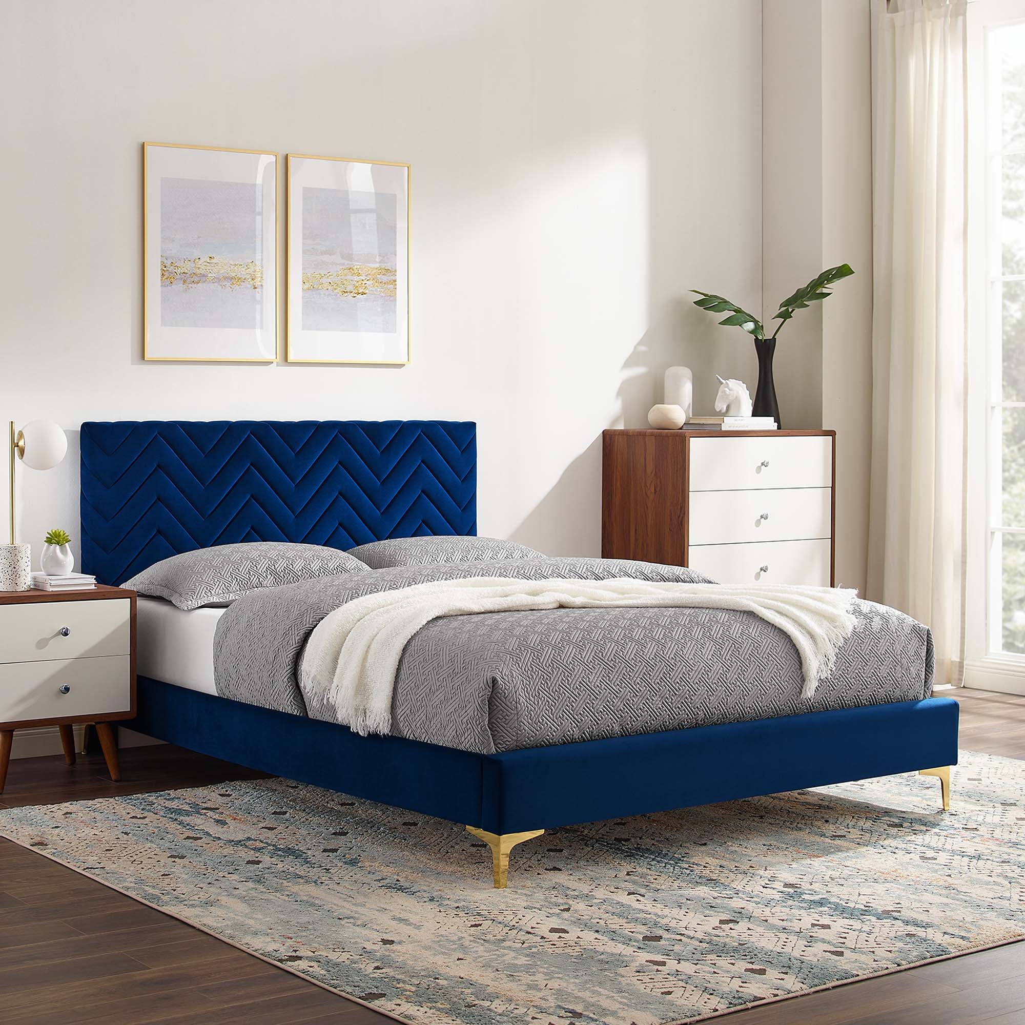 Leah Navy Chevron Tufted Performance Velvet Queen Platform Bed