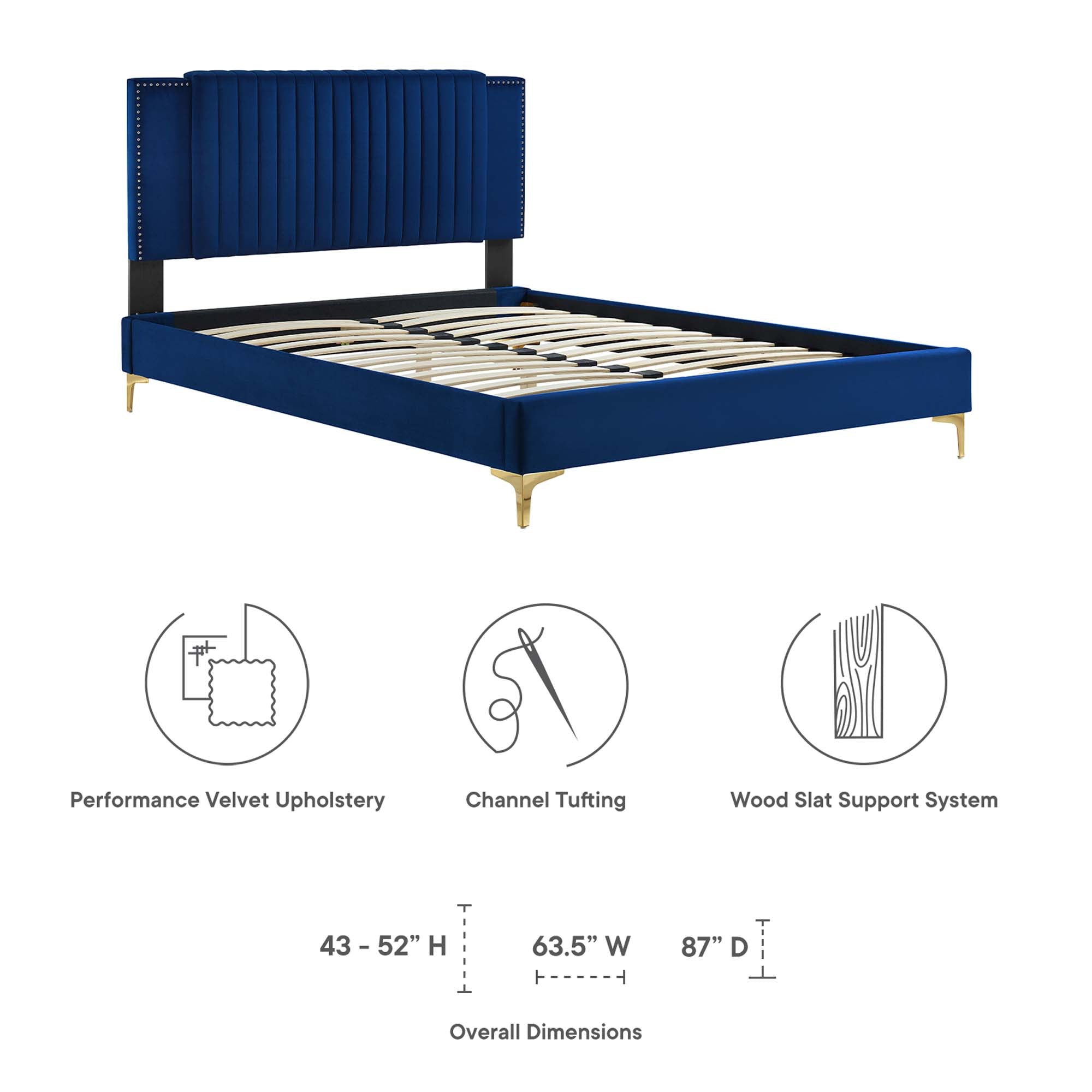 Zahra Navy Channel Tufted Performance Velvet Queen Platform Bed