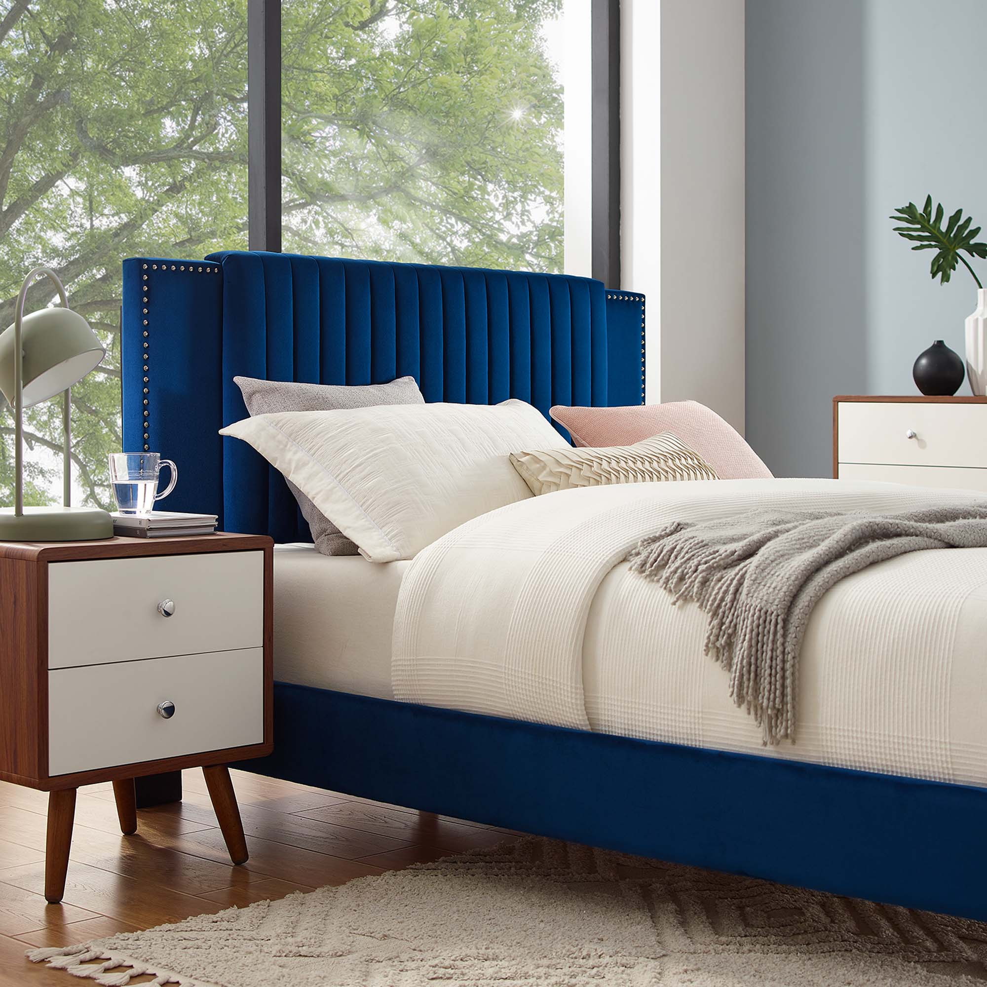 Zahra Navy Channel Tufted Performance Velvet Queen Platform Bed