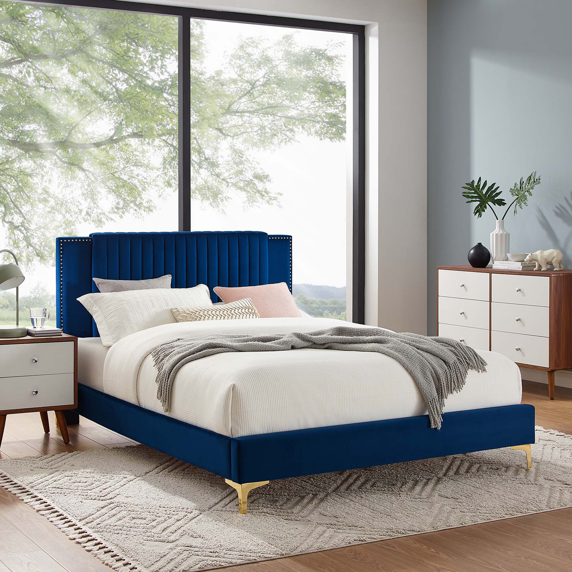 Zahra Navy Channel Tufted Performance Velvet Queen Platform Bed