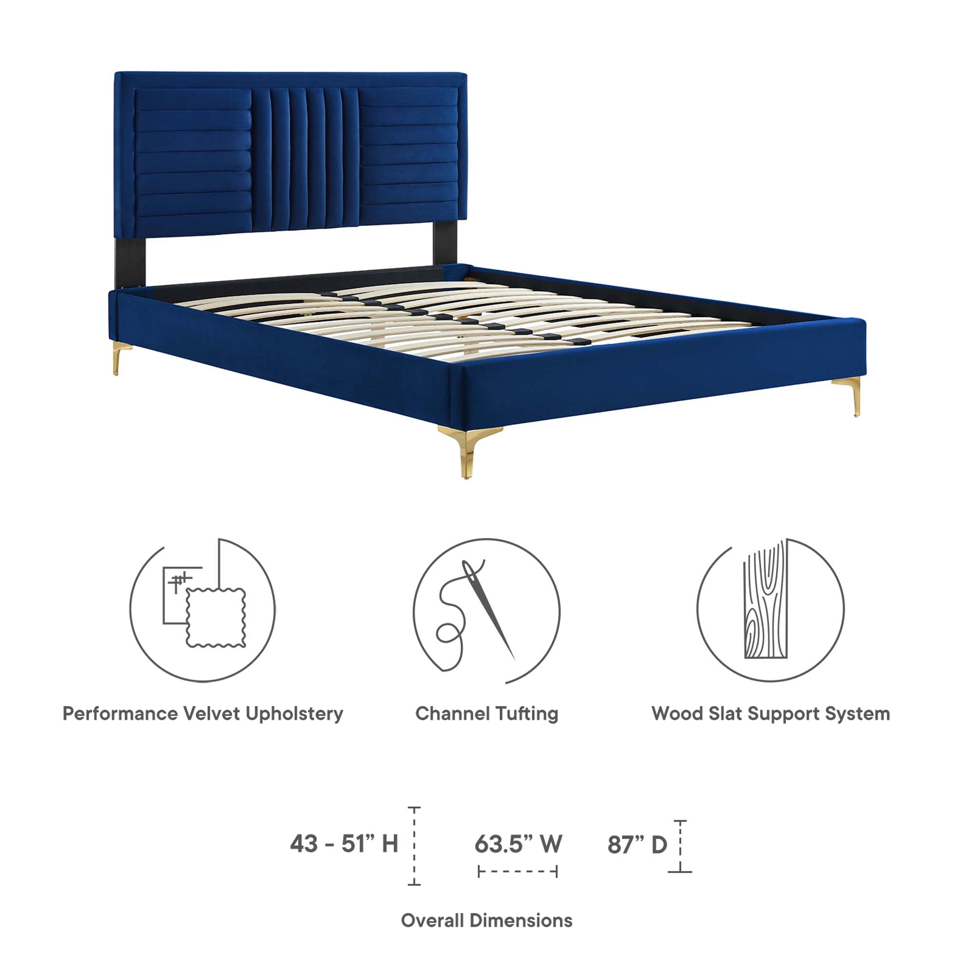 Sofia Navy Channel Tufted Performance Velvet Queen Platform Bed