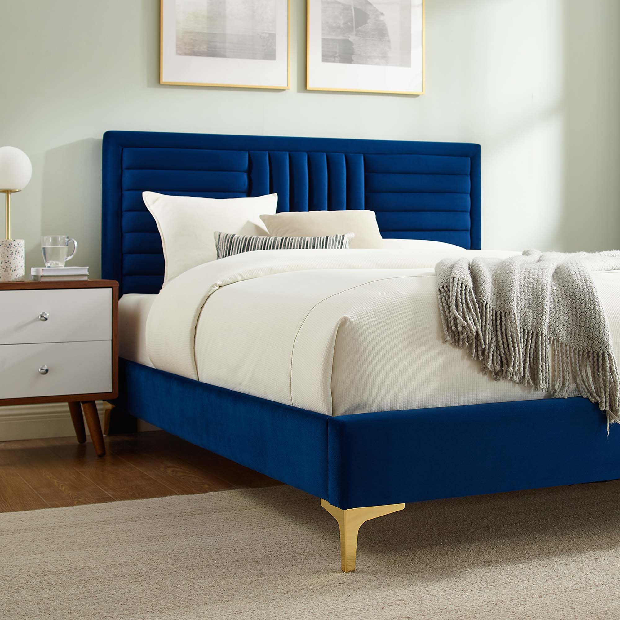 Sofia Navy Channel Tufted Performance Velvet Queen Platform Bed