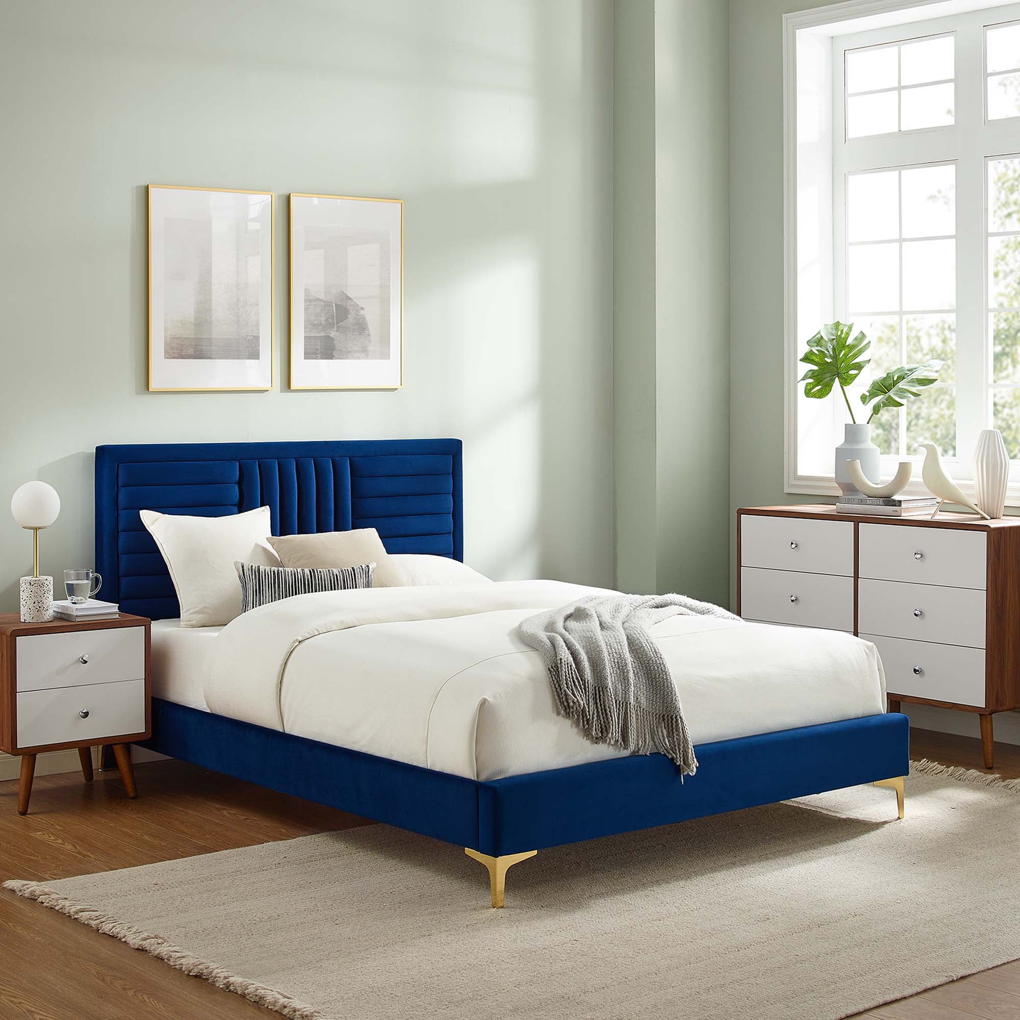 Sofia Navy Channel Tufted Performance Velvet Queen Platform Bed