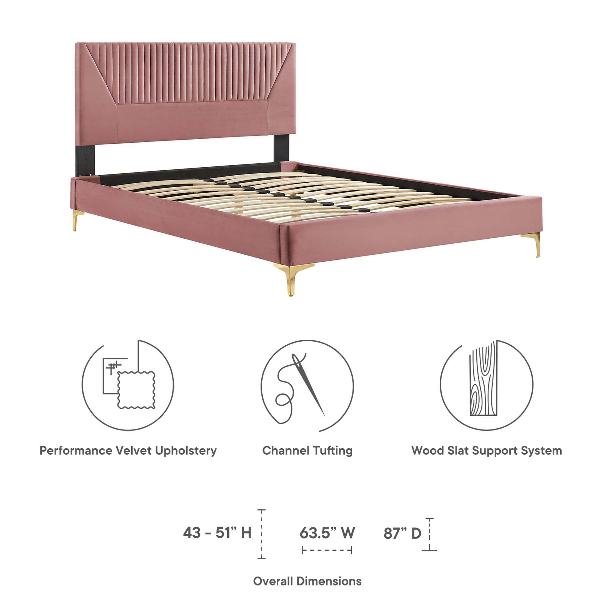 Yasmine Dusty Rose Channel Tufted Performance Velvet Queen Platform Bed