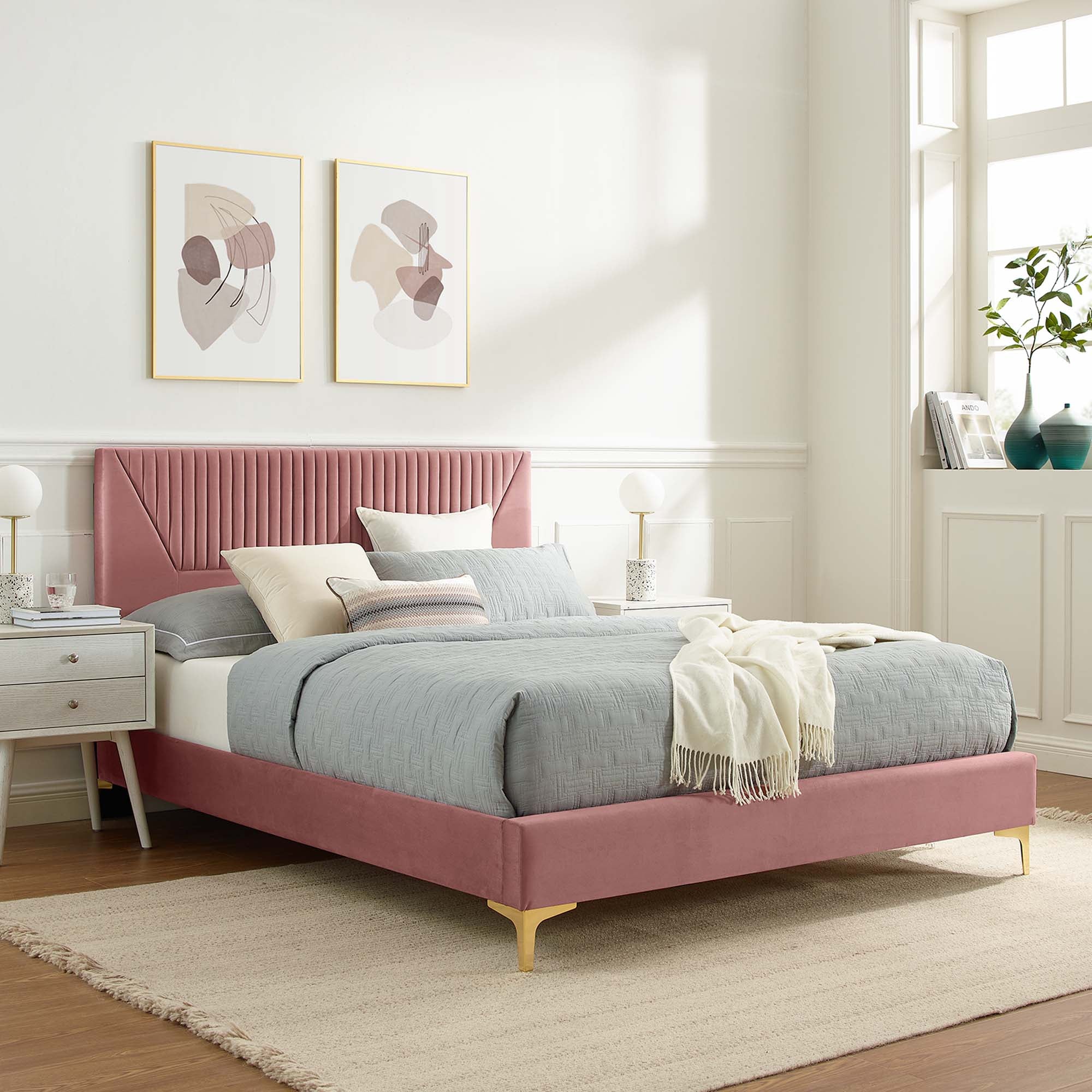 Yasmine Dusty Rose Channel Tufted Performance Velvet Queen Platform Bed