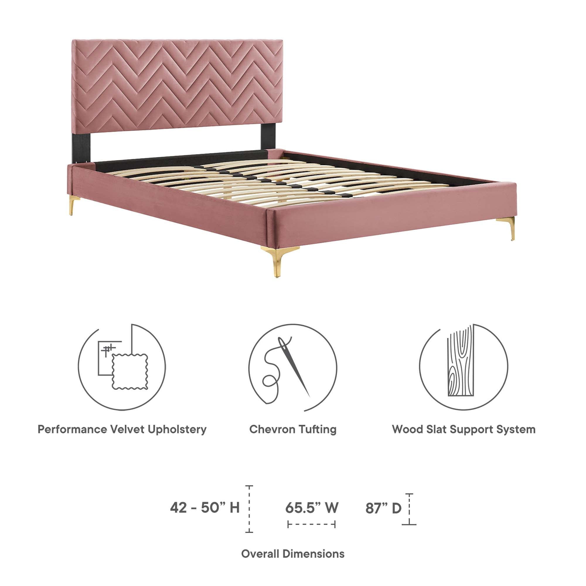 Leah Dusty Rose Chevron Tufted Performance Velvet Twin Platform Bed