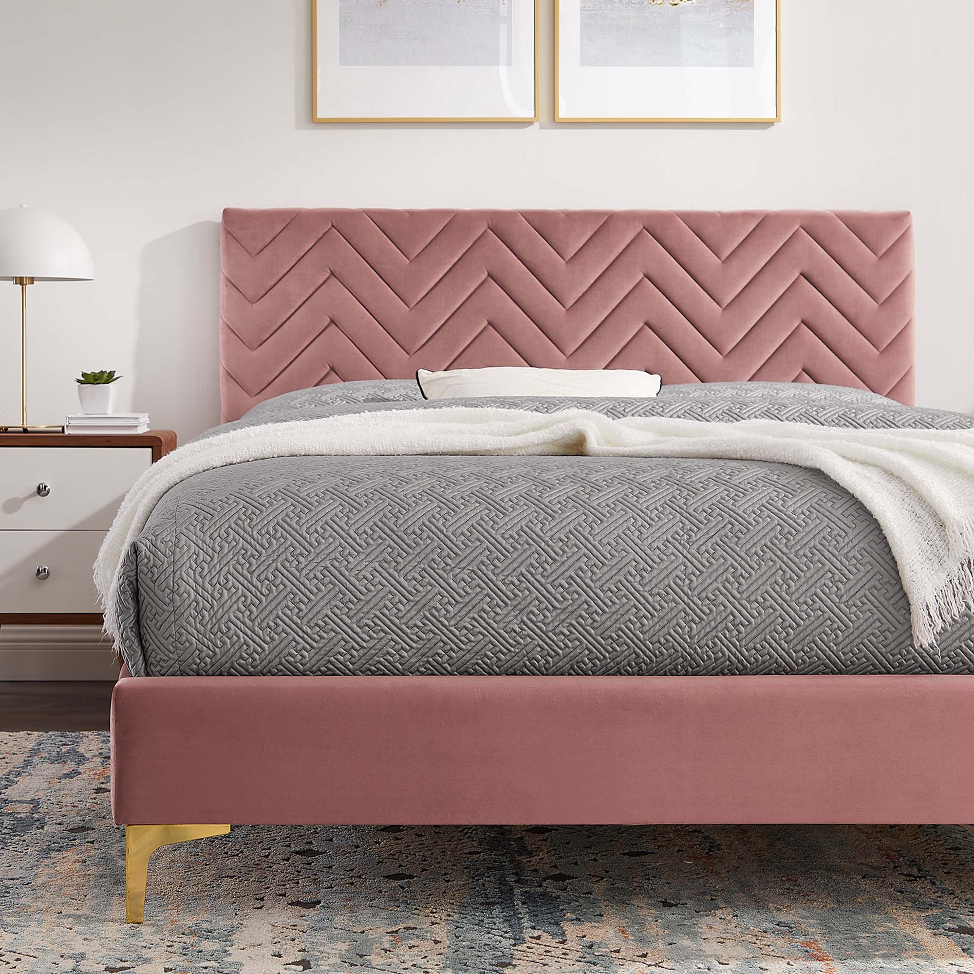 Leah Dusty Rose Chevron Tufted Performance Velvet Twin Platform Bed