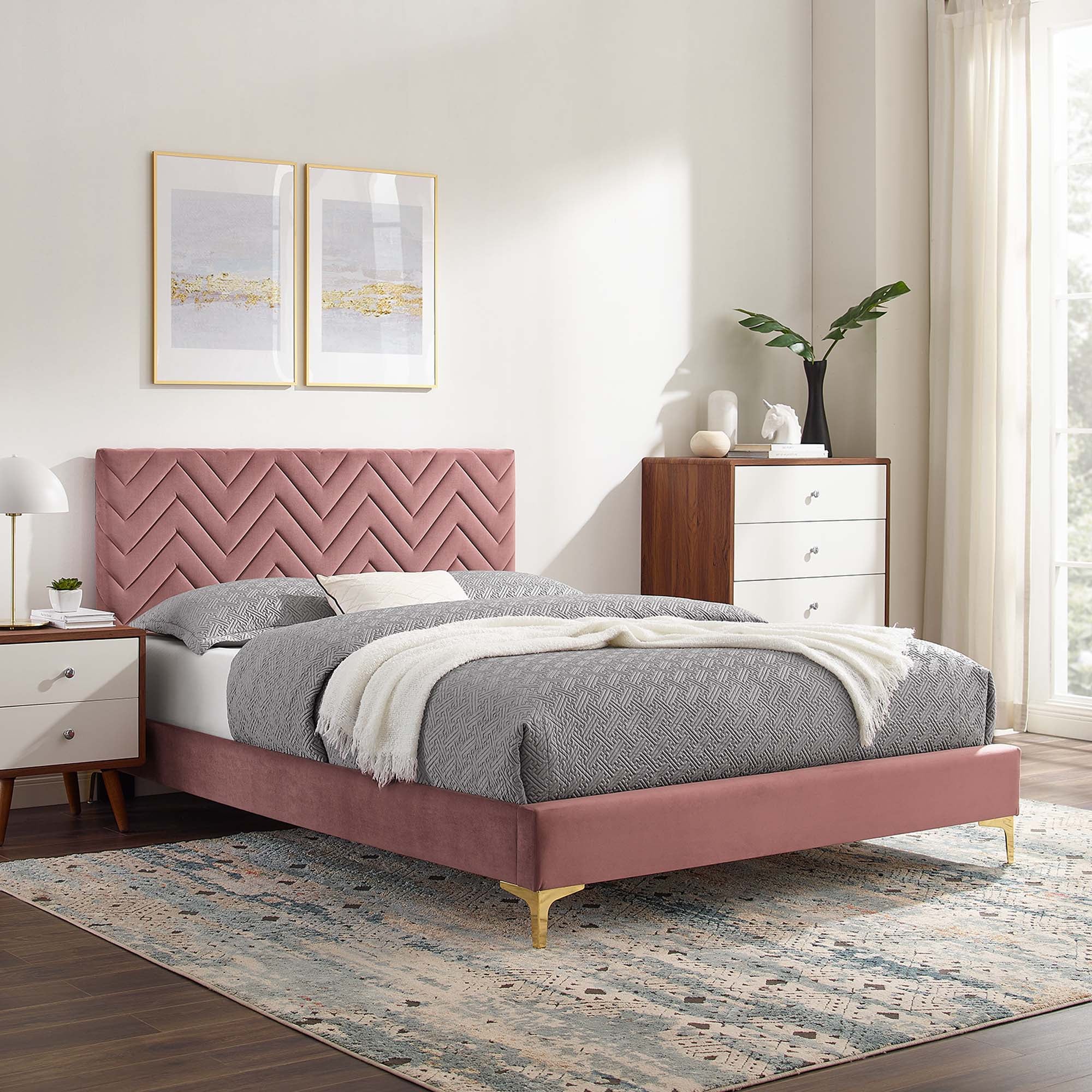 Leah Dusty Rose Chevron Tufted Performance Velvet Twin Platform Bed