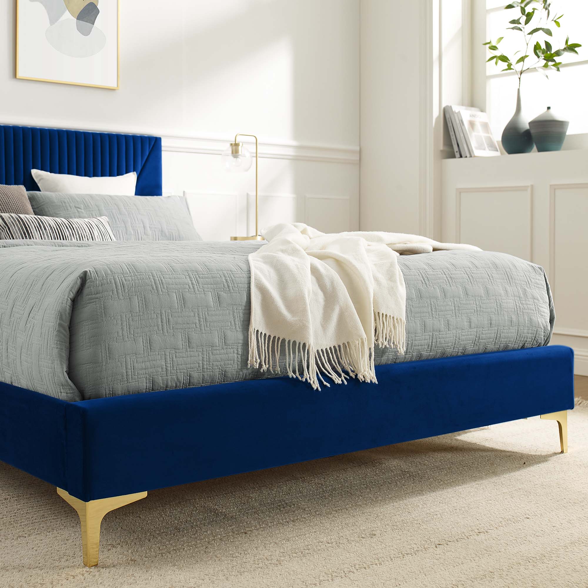 Yasmine Navy Channel Tufted Performance Velvet Twin Platform Bed