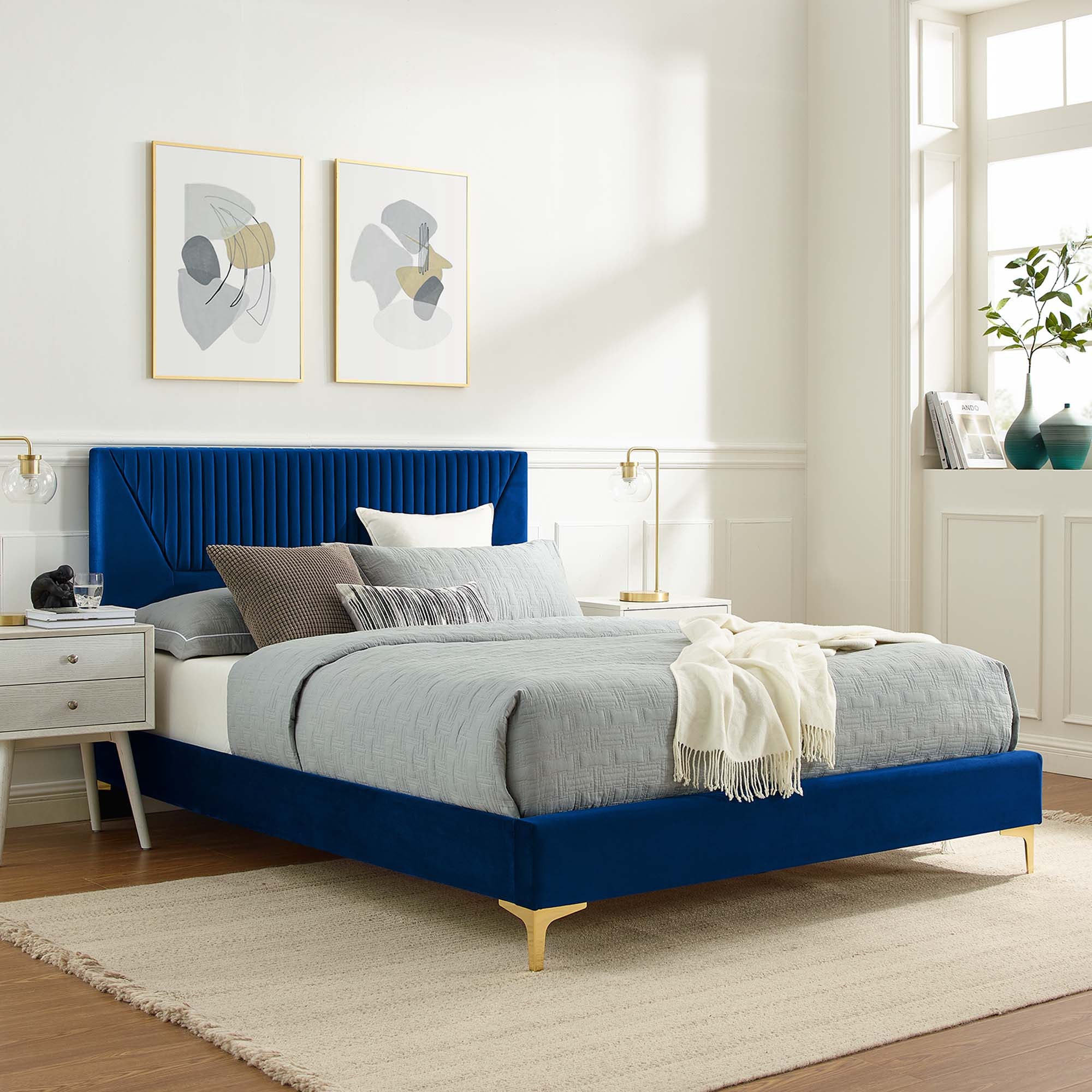 Yasmine Navy Channel Tufted Performance Velvet Twin Platform Bed