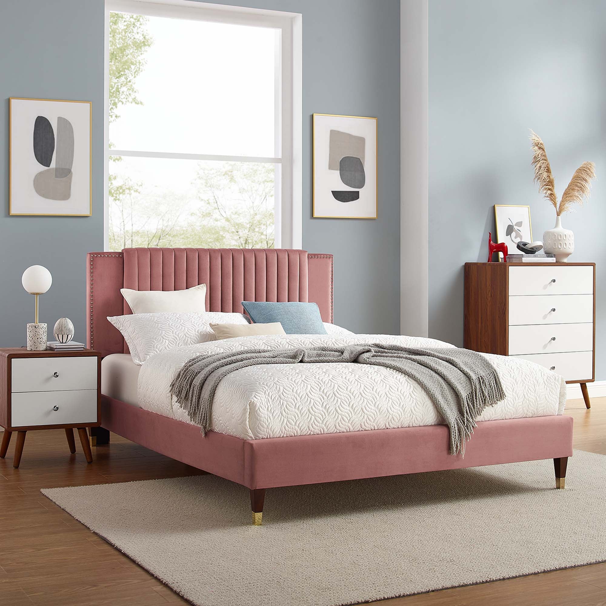 Zahra Dusty Rose Channel Tufted Performance Velvet Twin Platform Bed