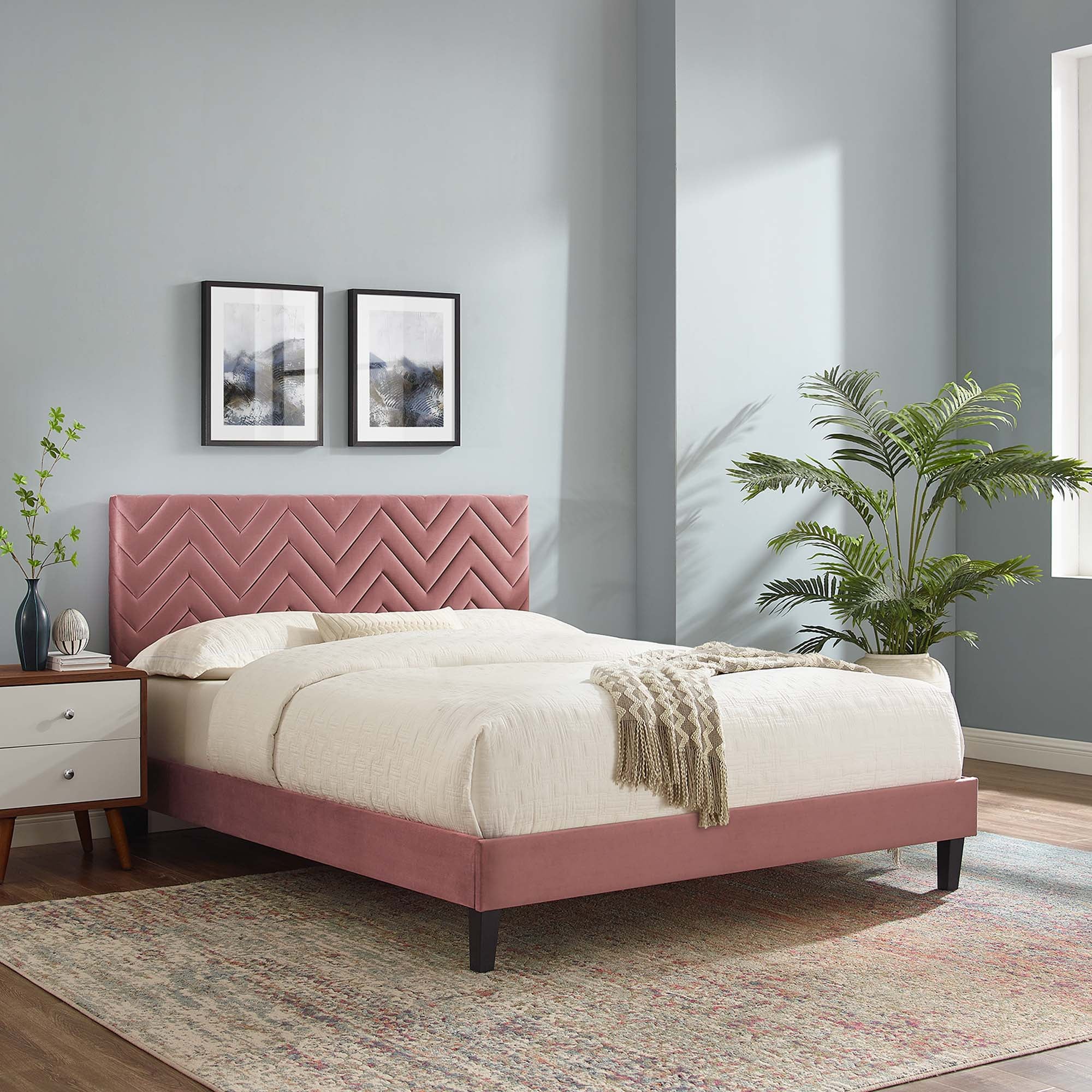 Leah Dusty Rose Chevron Tufted Performance Velvet Twin Platform Bed