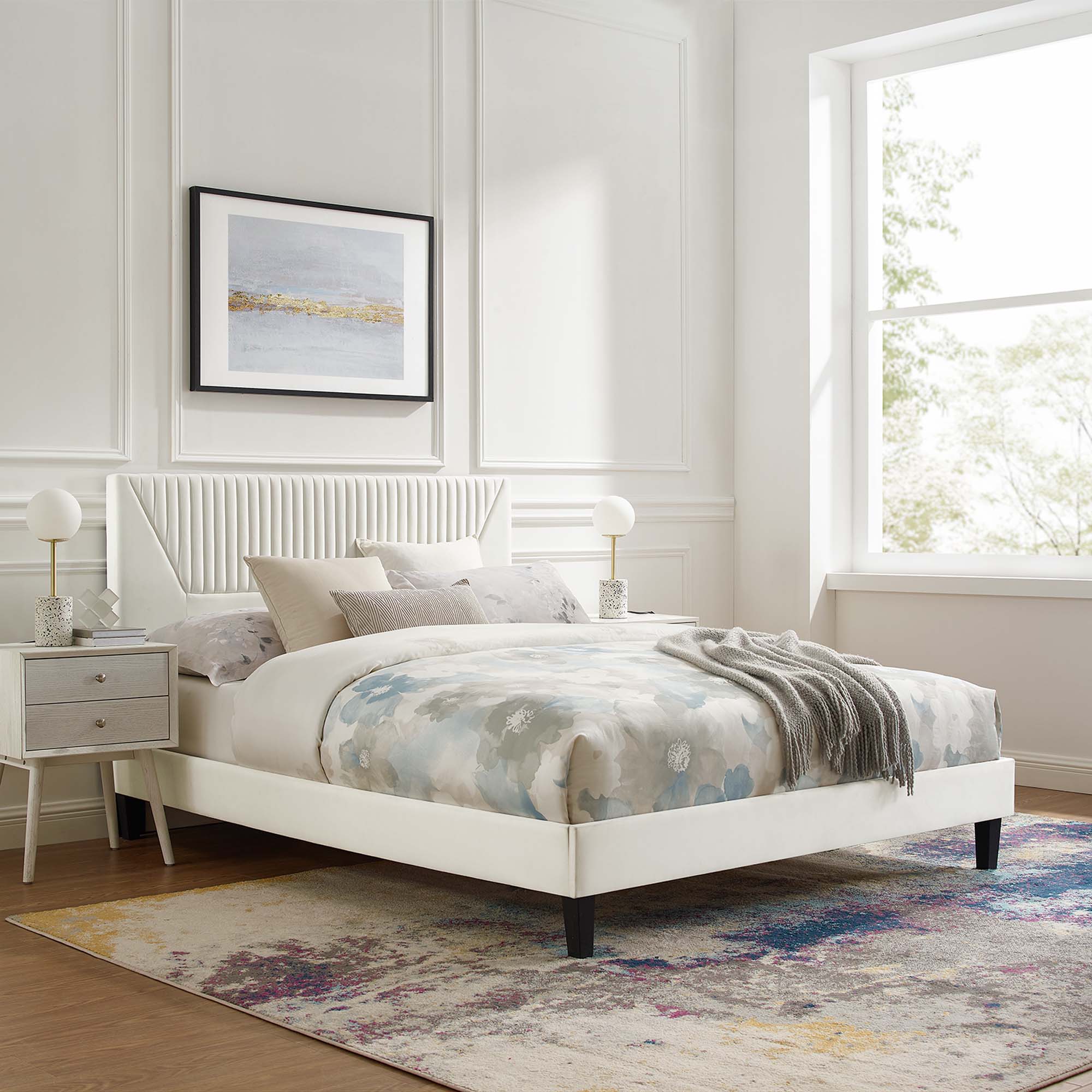 Yasmine White Channel Tufted Performance Velvet Twin Platform Bed