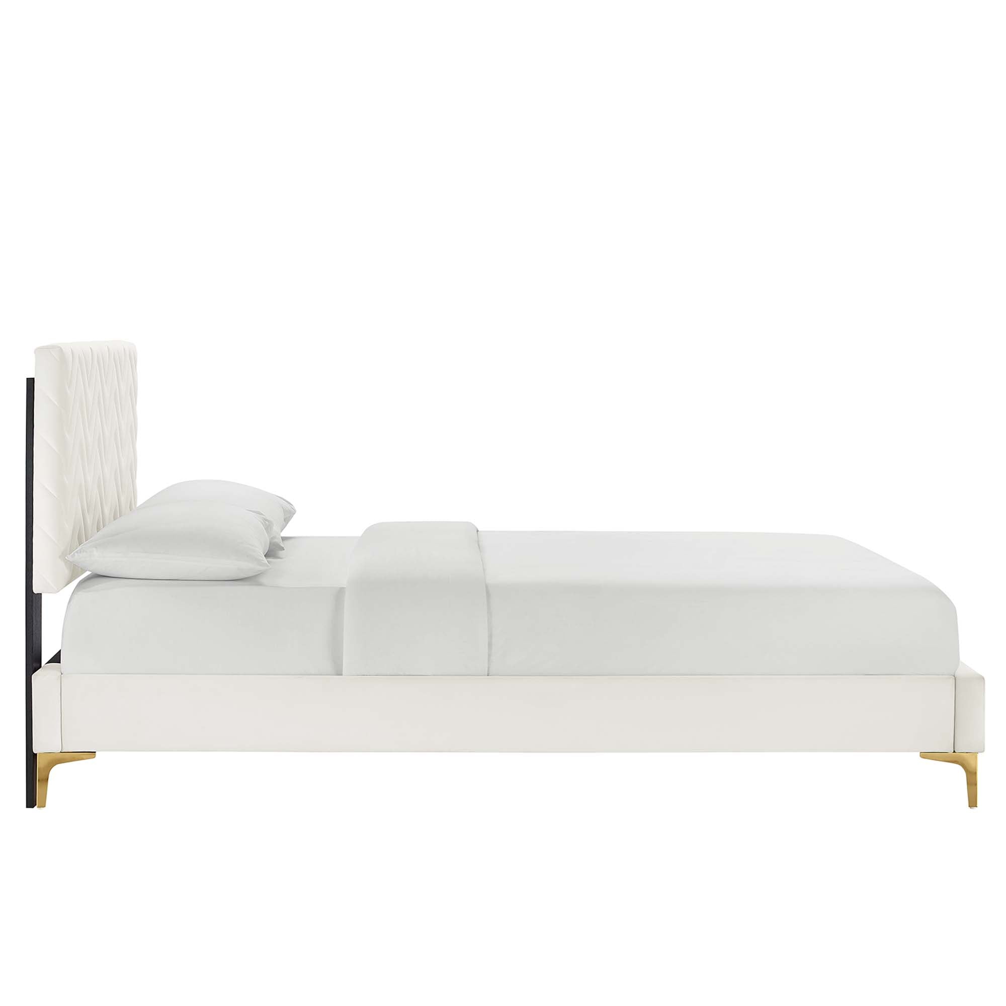 Leah White Chevron Tufted Performance Velvet Full Platform Bed