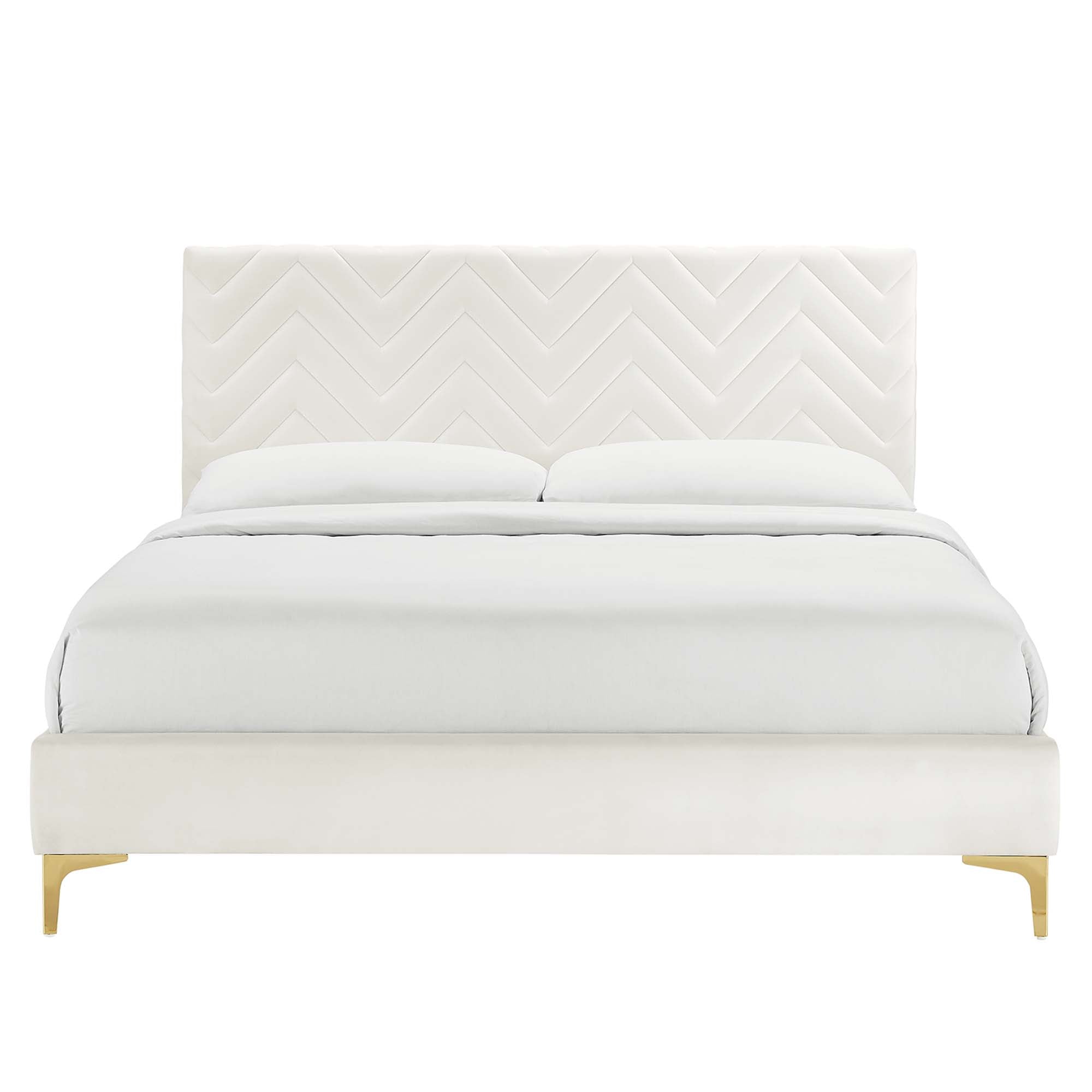 Leah White Chevron Tufted Performance Velvet Full Platform Bed