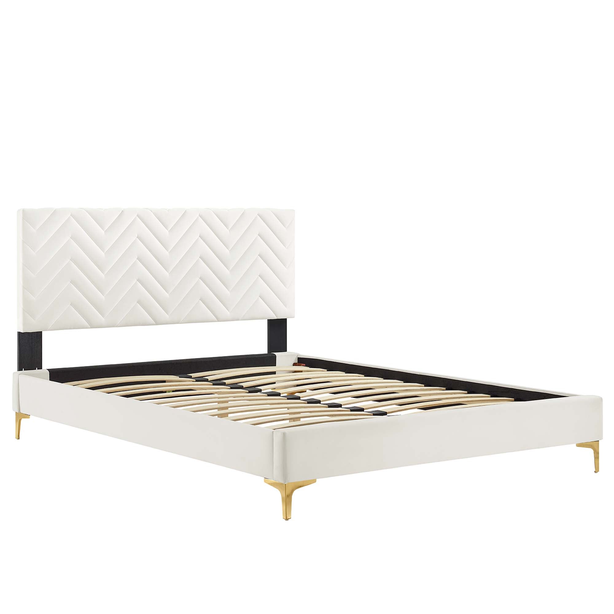 Leah White Chevron Tufted Performance Velvet Full Platform Bed