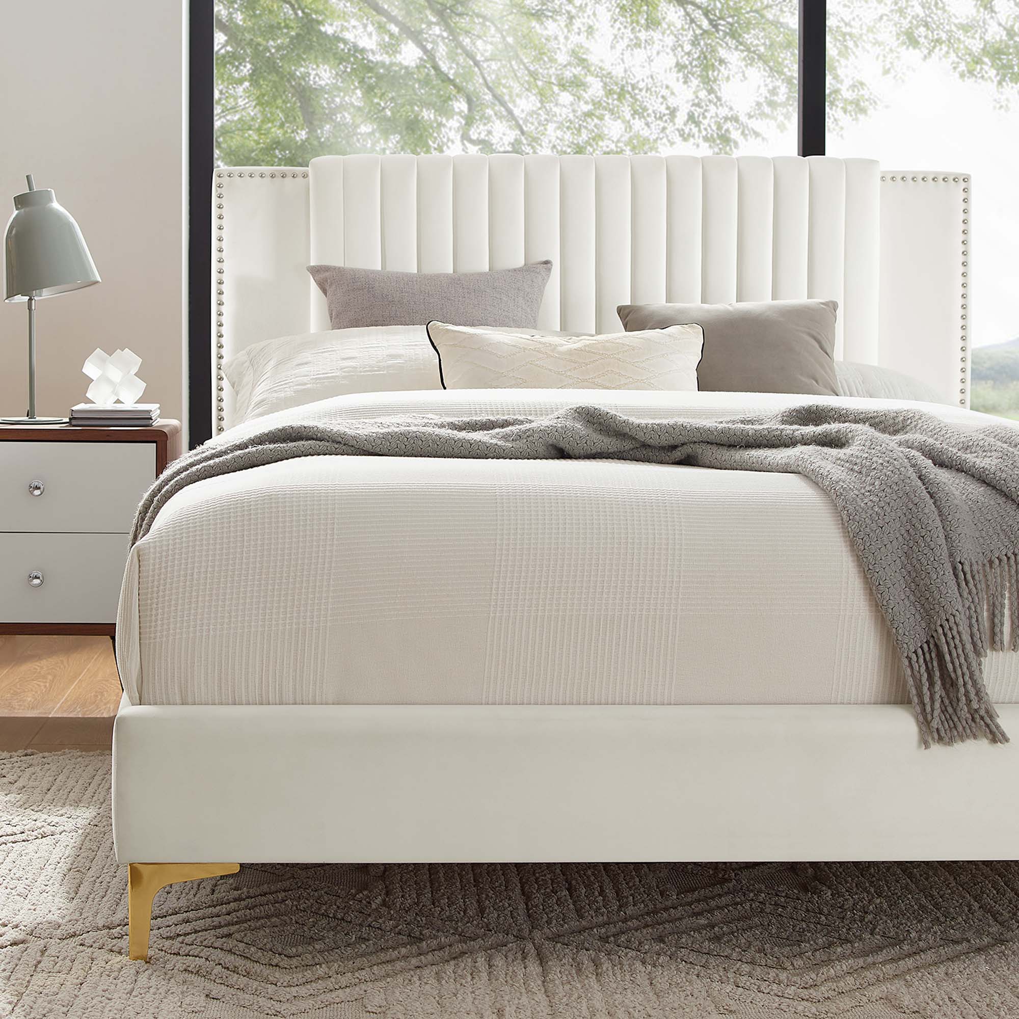 Zahra White Channel Tufted Performance Velvet Full Platform Bed