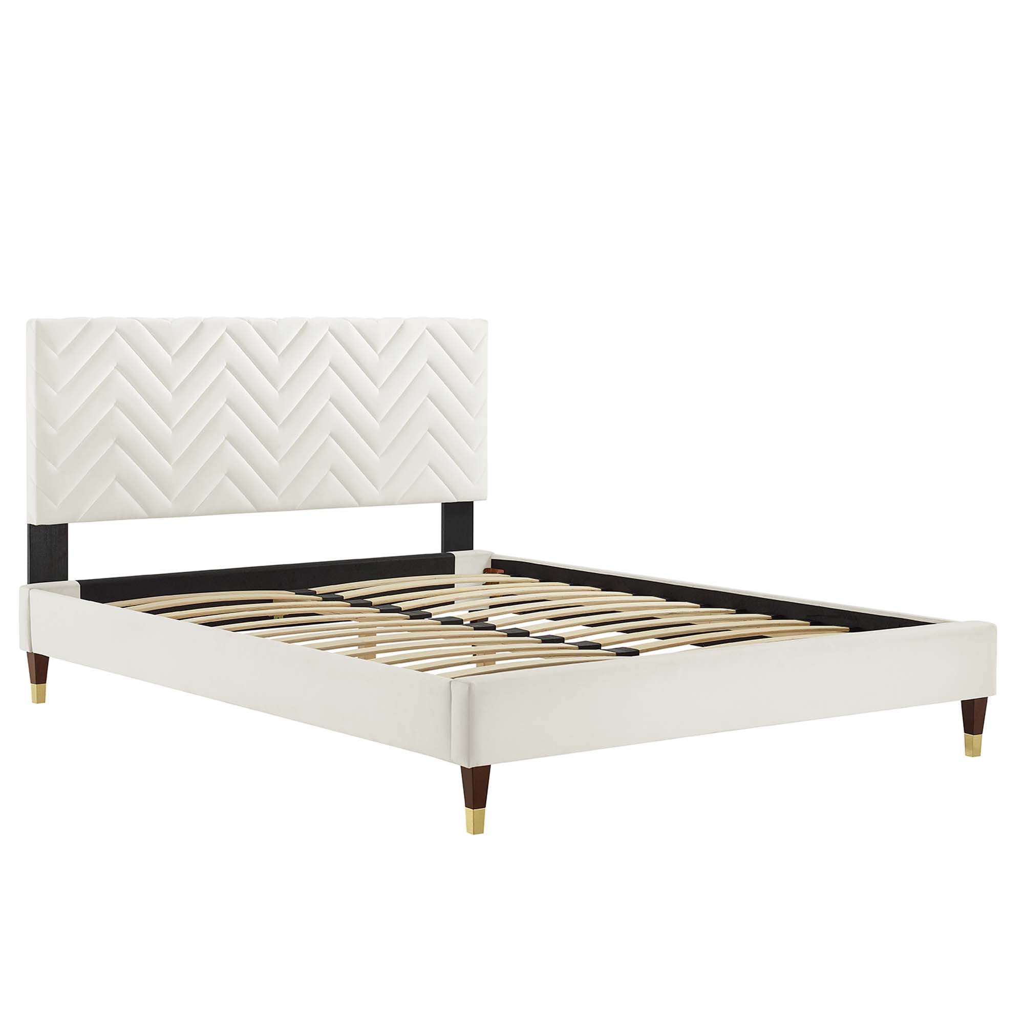 Leah White Chevron Tufted Performance Velvet Full Platform Bed