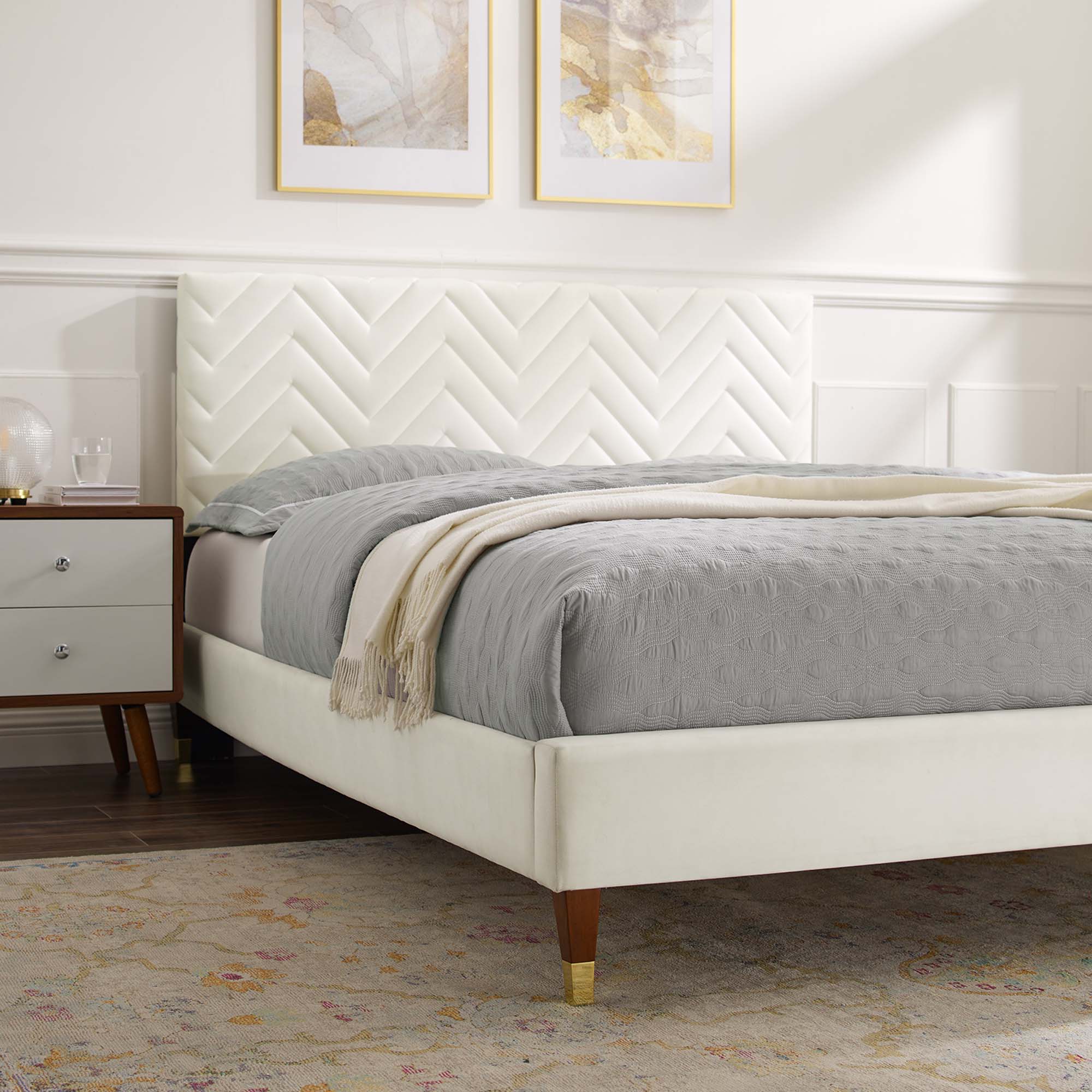 Leah White Chevron Tufted Performance Velvet Full Platform Bed