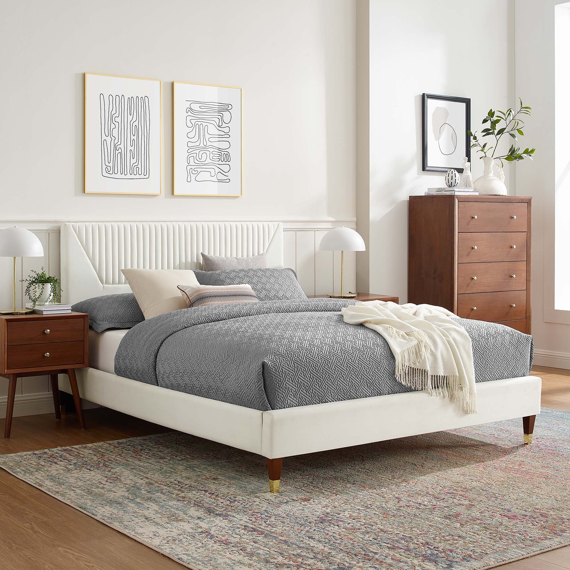 Yasmine White Channel Tufted Performance Velvet Full Platform Bed