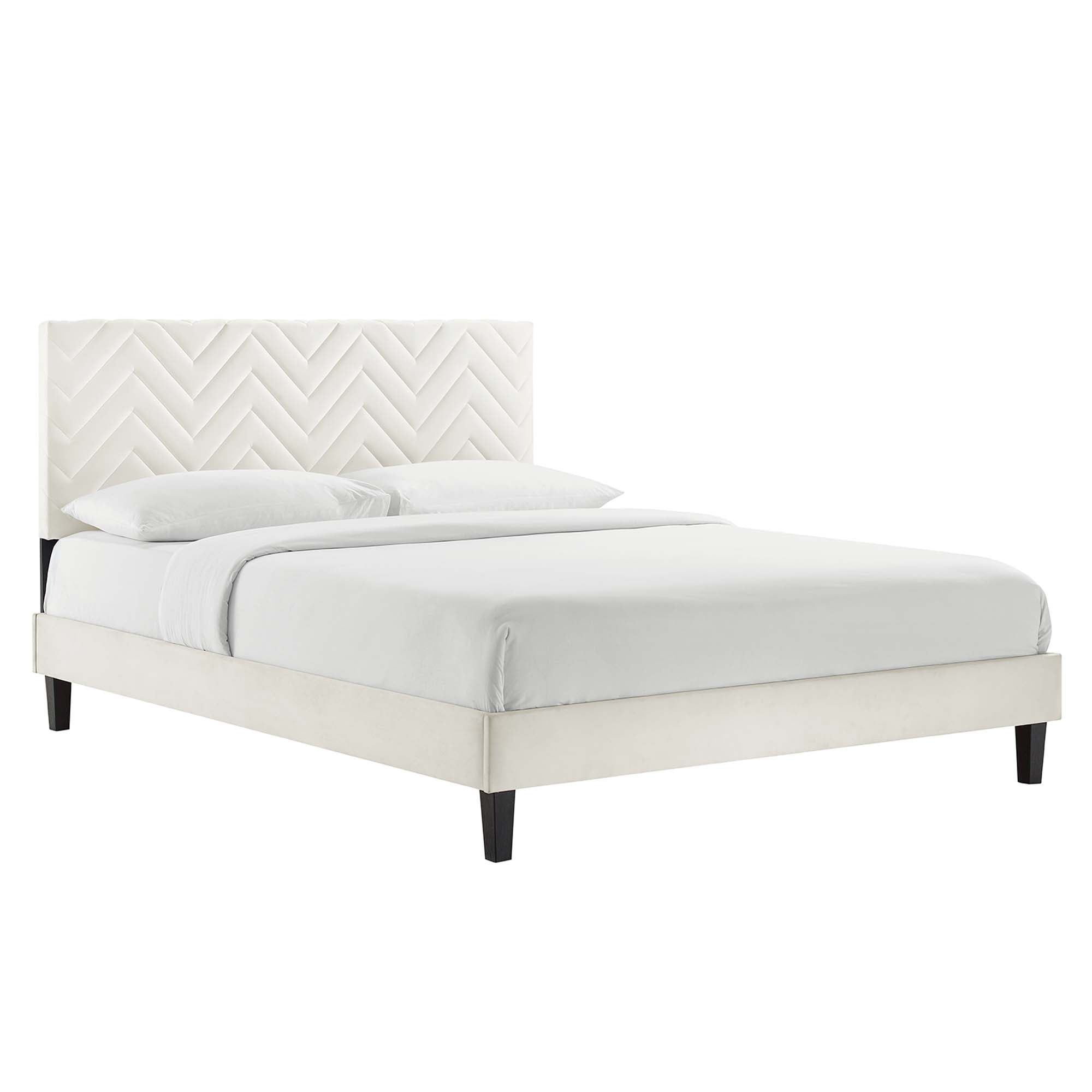 Leah White Chevron Tufted Performance Velvet Full Platform Bed