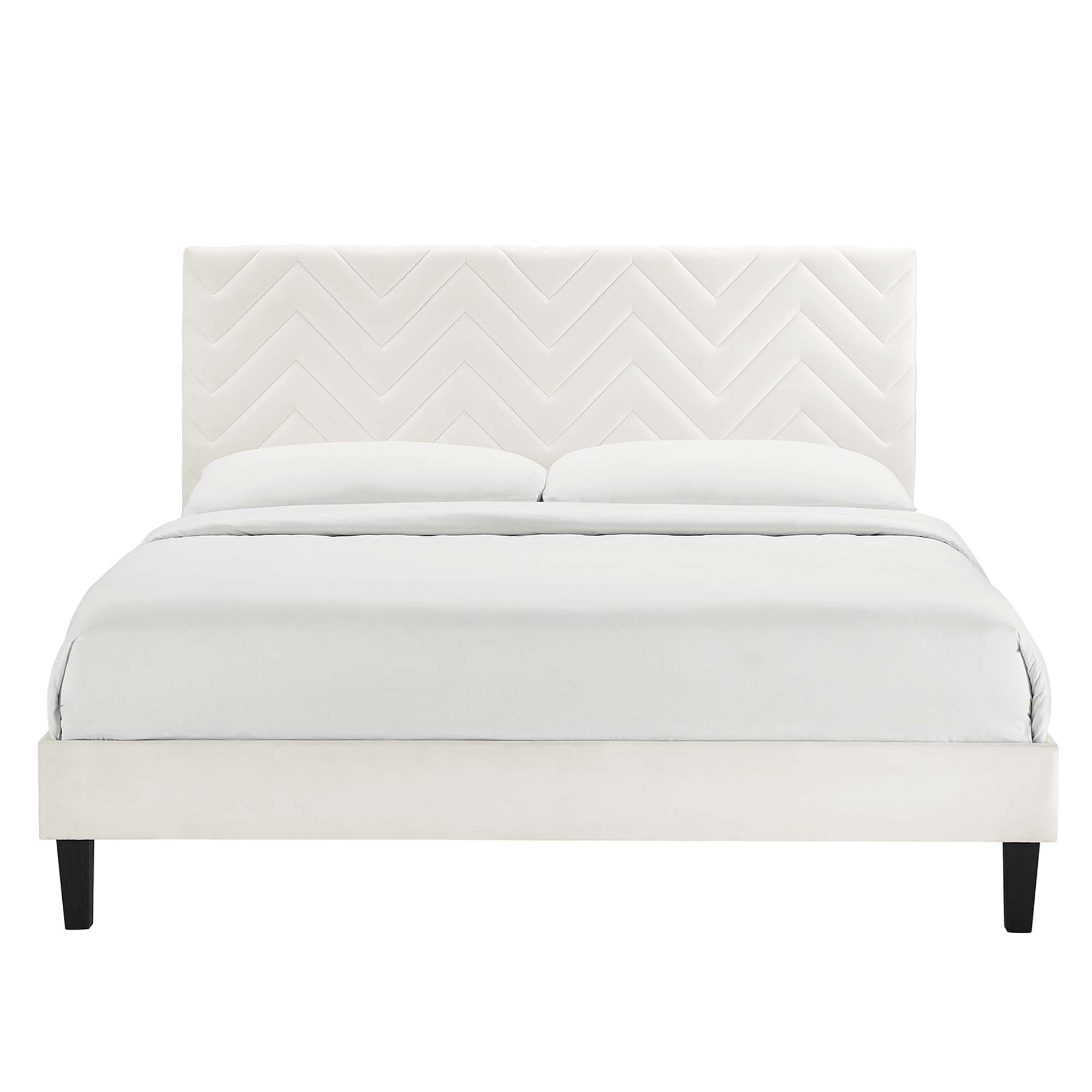 Leah White Chevron Tufted Performance Velvet Full Platform Bed