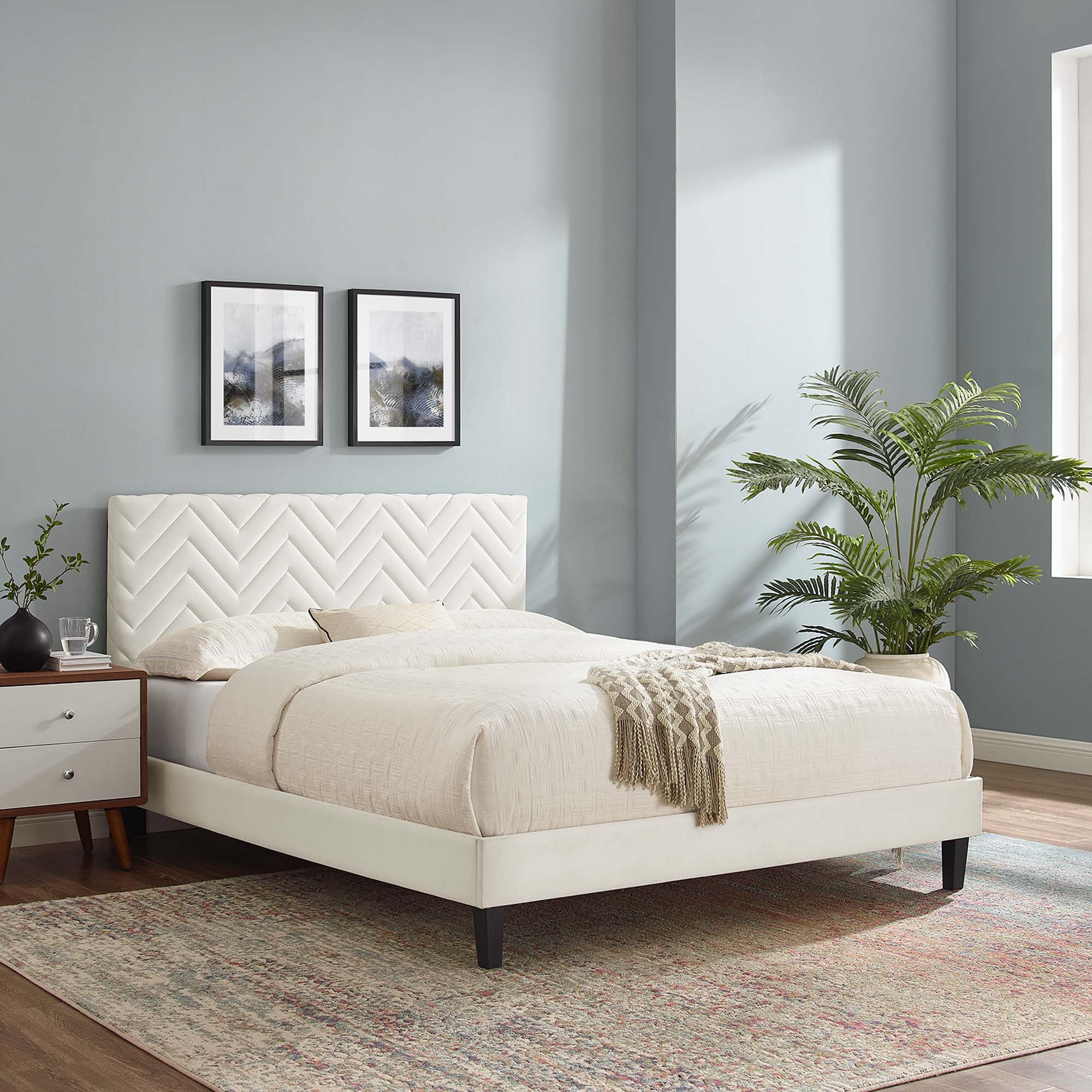 Leah White Chevron Tufted Performance Velvet Full Platform Bed