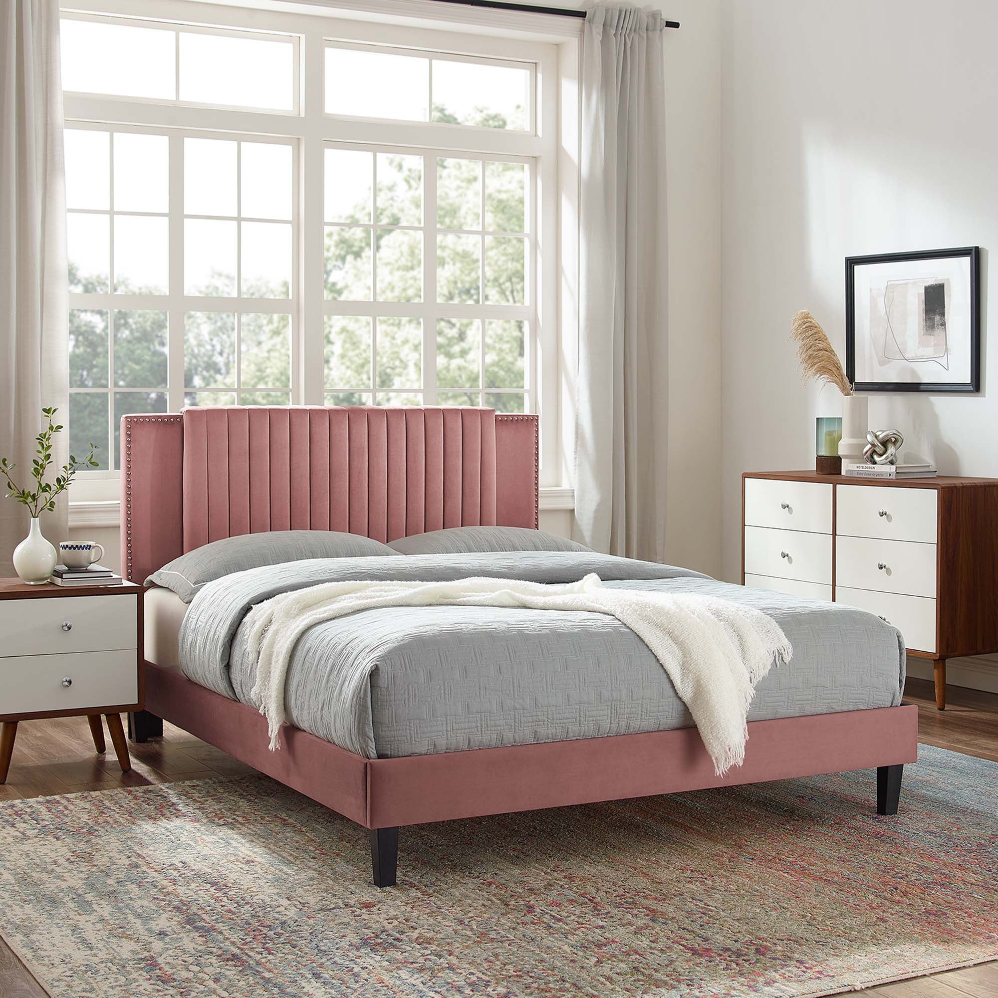 Zahra Dusty Rose Channel Tufted Performance Velvet Full Platform Bed