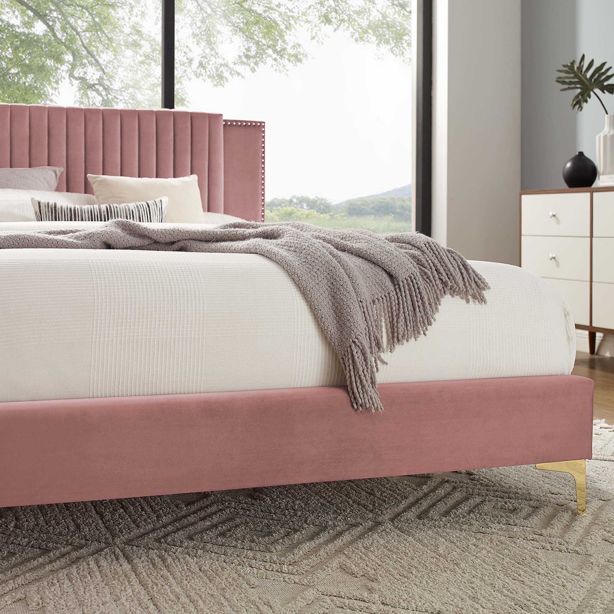 Zahra Dusty Rose Channel Tufted Performance Velvet King Platform Bed