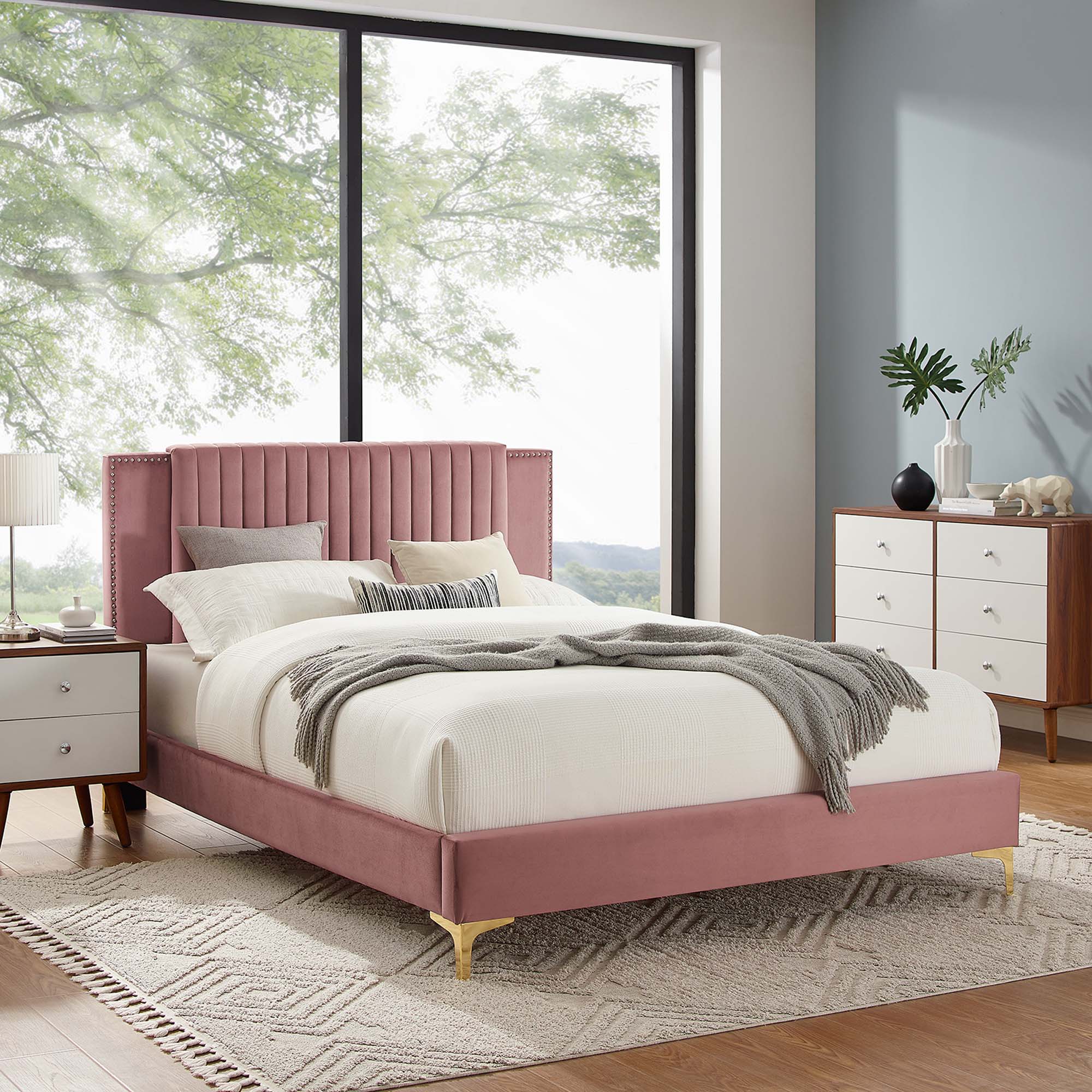 Zahra Dusty Rose Channel Tufted Performance Velvet King Platform Bed