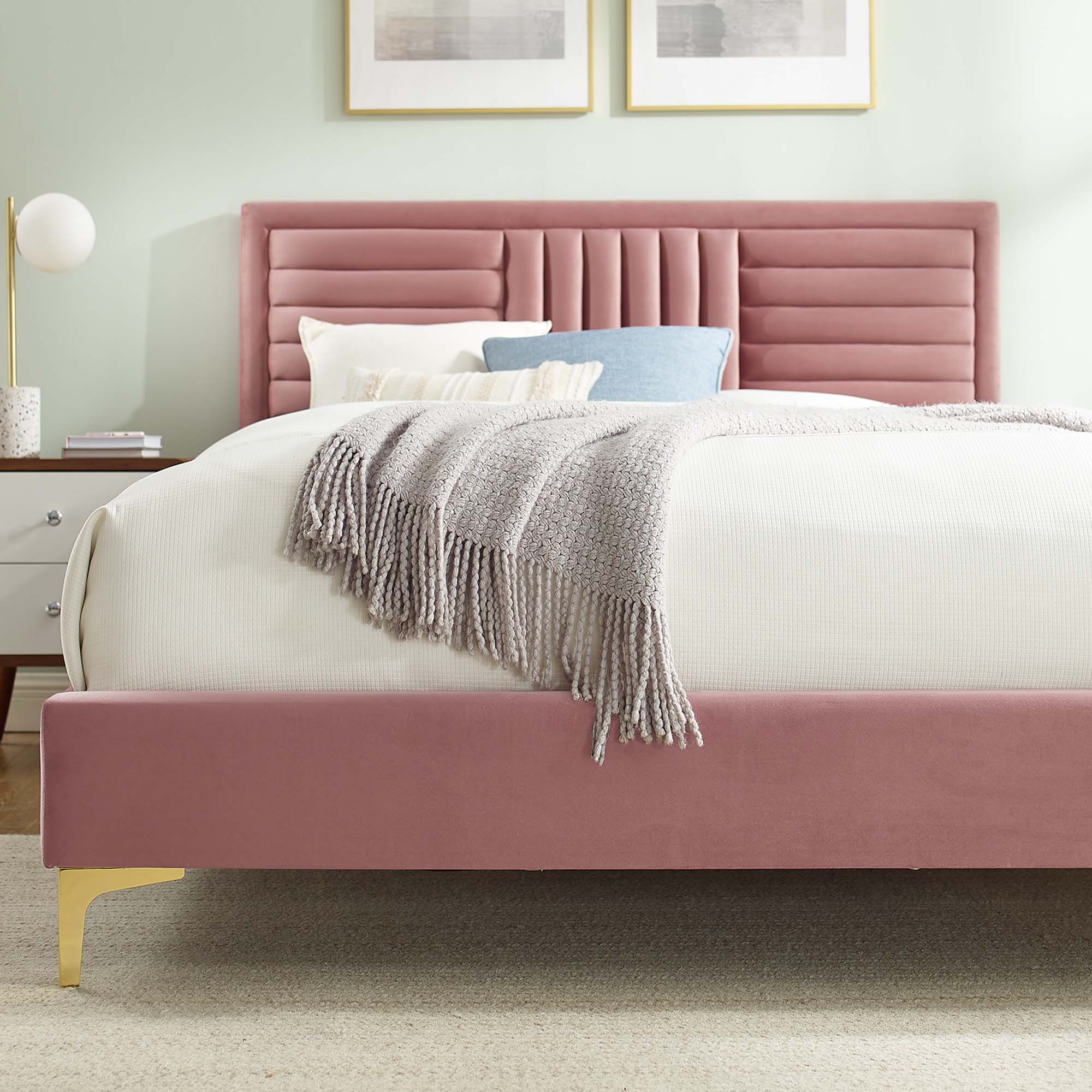 Sofia Dusty Rose Channel Tufted Performance Velvet King Platform Bed