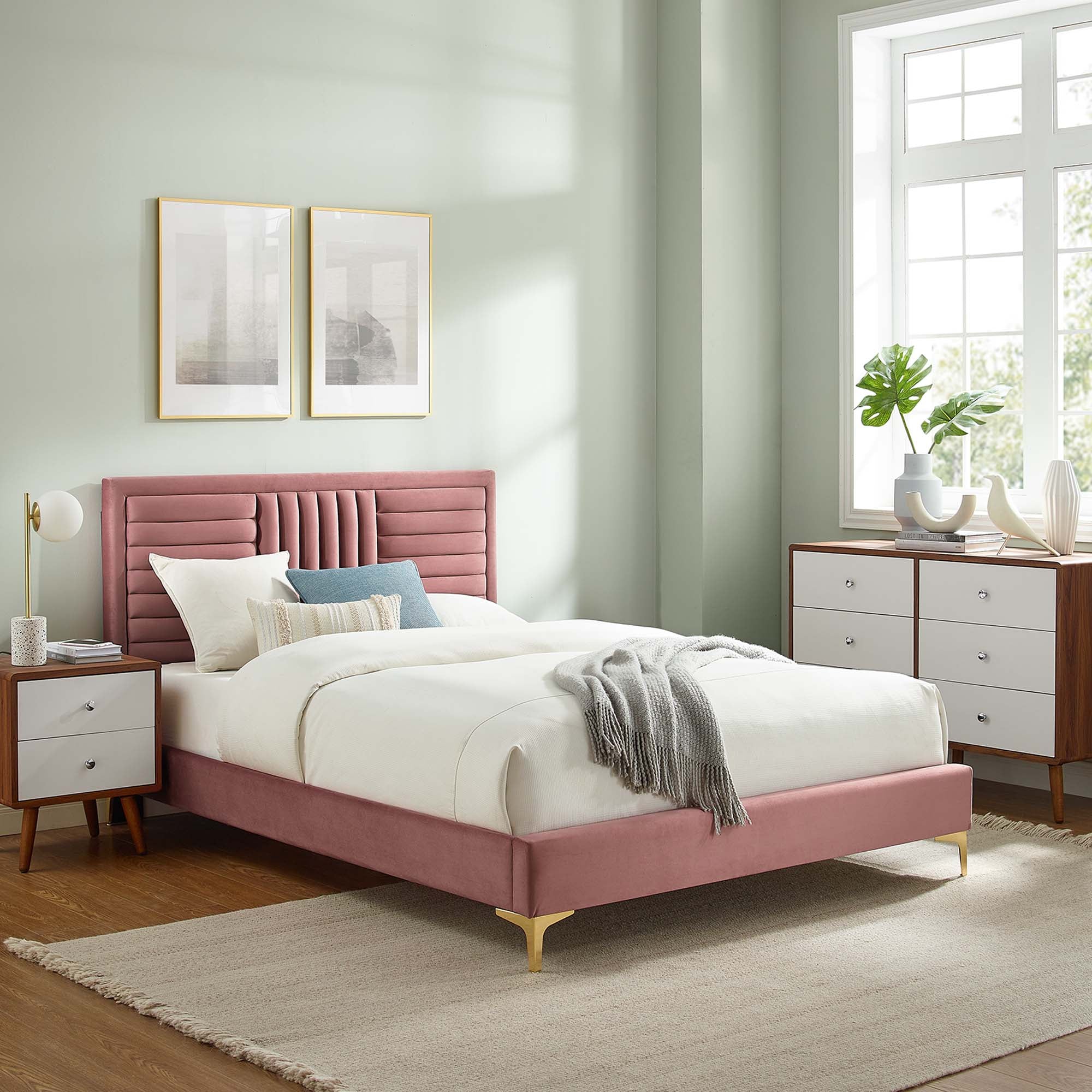 Sofia Dusty Rose Channel Tufted Performance Velvet King Platform Bed