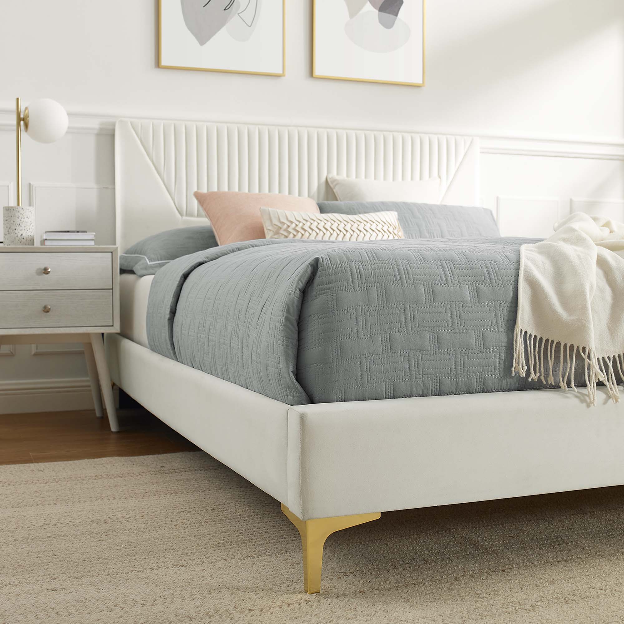 Yasmine White Channel Tufted Performance Velvet King Platform Bed