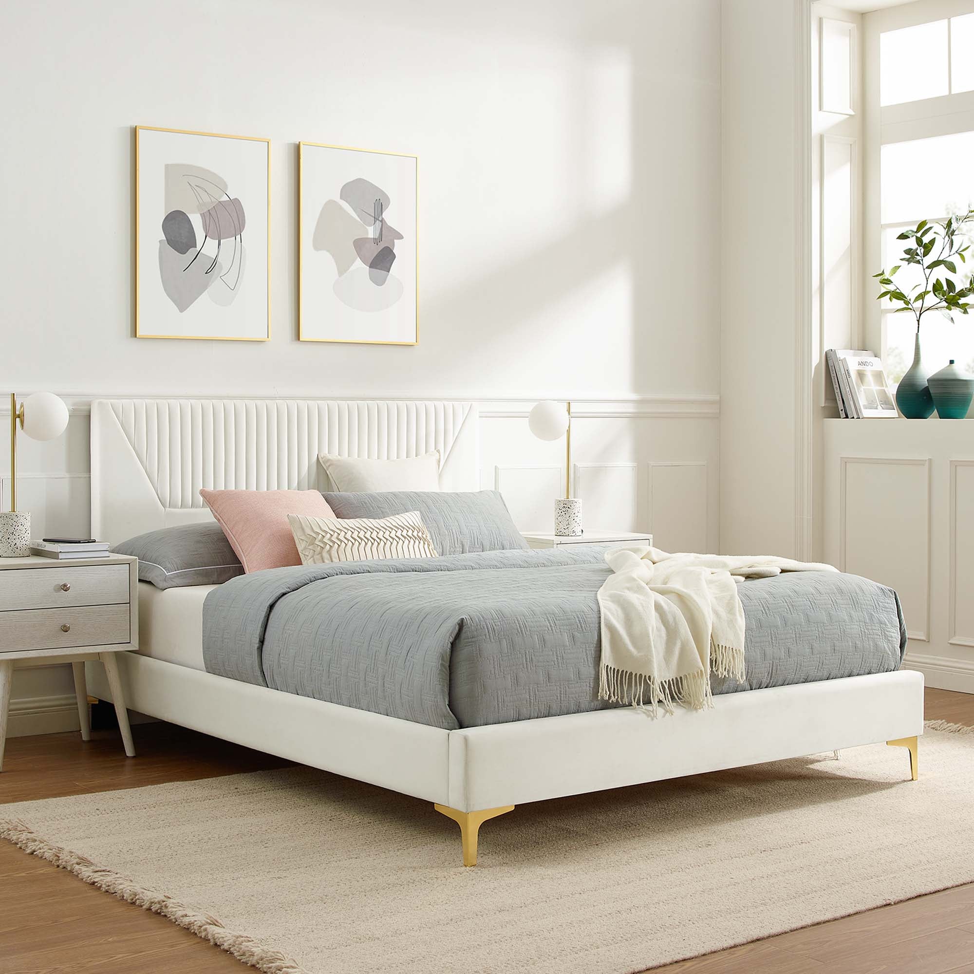 Yasmine White Channel Tufted Performance Velvet King Platform Bed