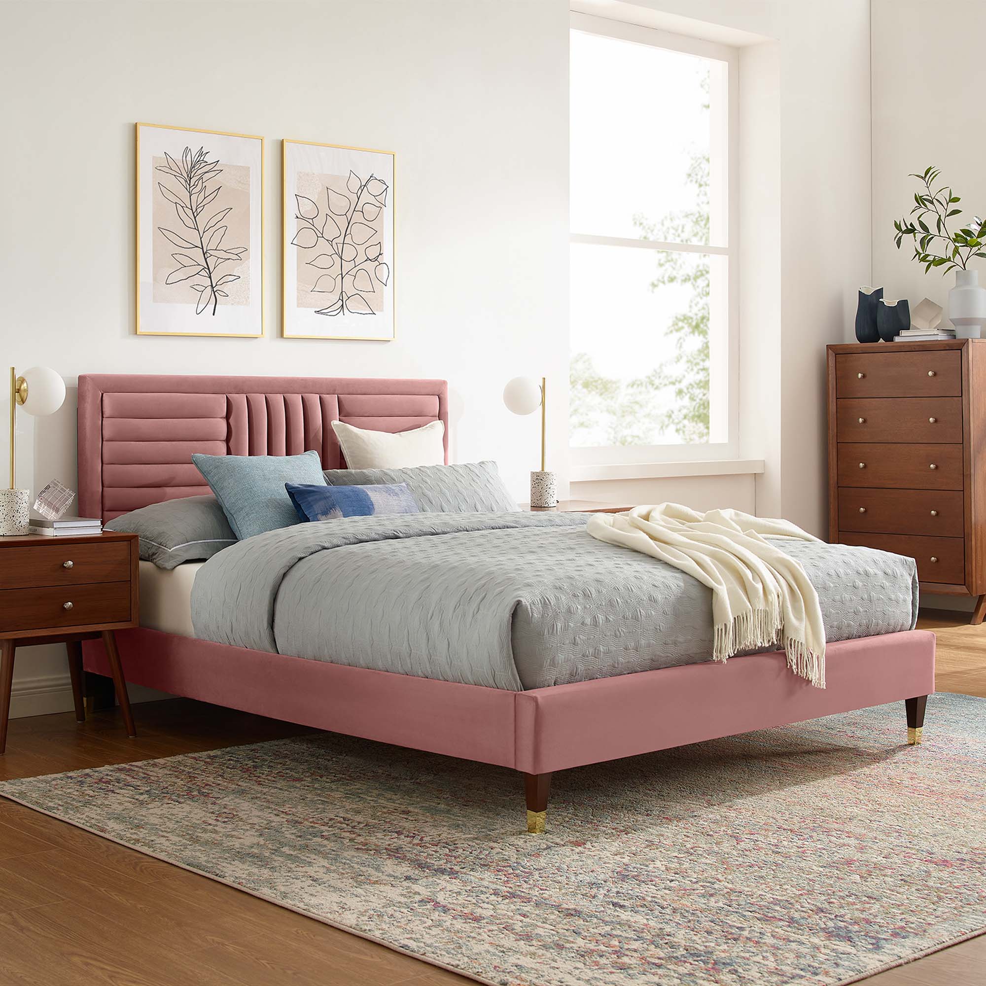 Sofia Dusty Rose Channel Tufted Performance Velvet King Platform Bed