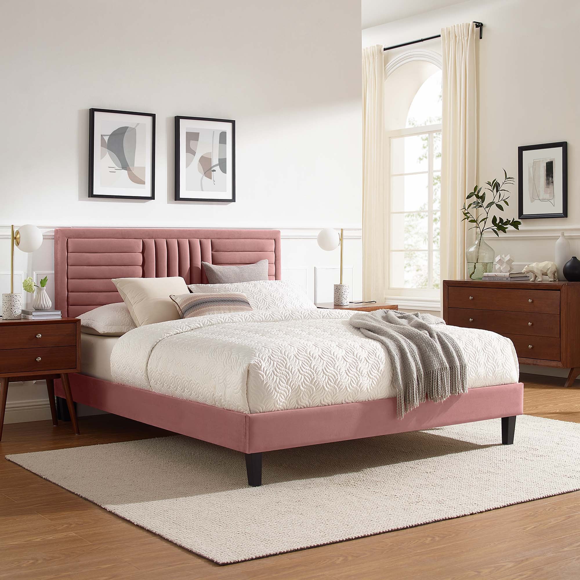 Sofia Dusty Rose Channel Tufted Performance Velvet King Platform Bed