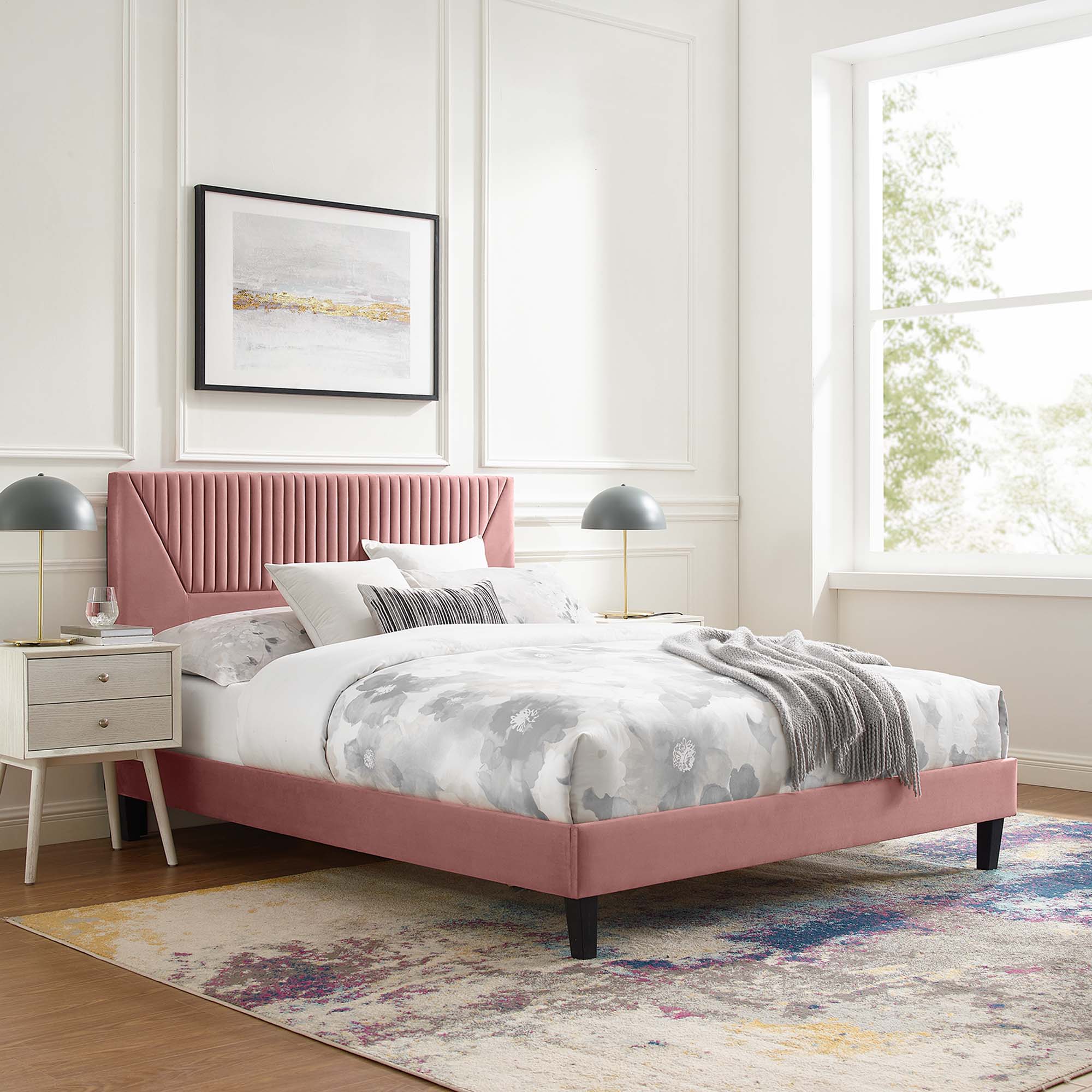 Yasmine Dusty Rose Channel Tufted Performance Velvet King Platform Bed