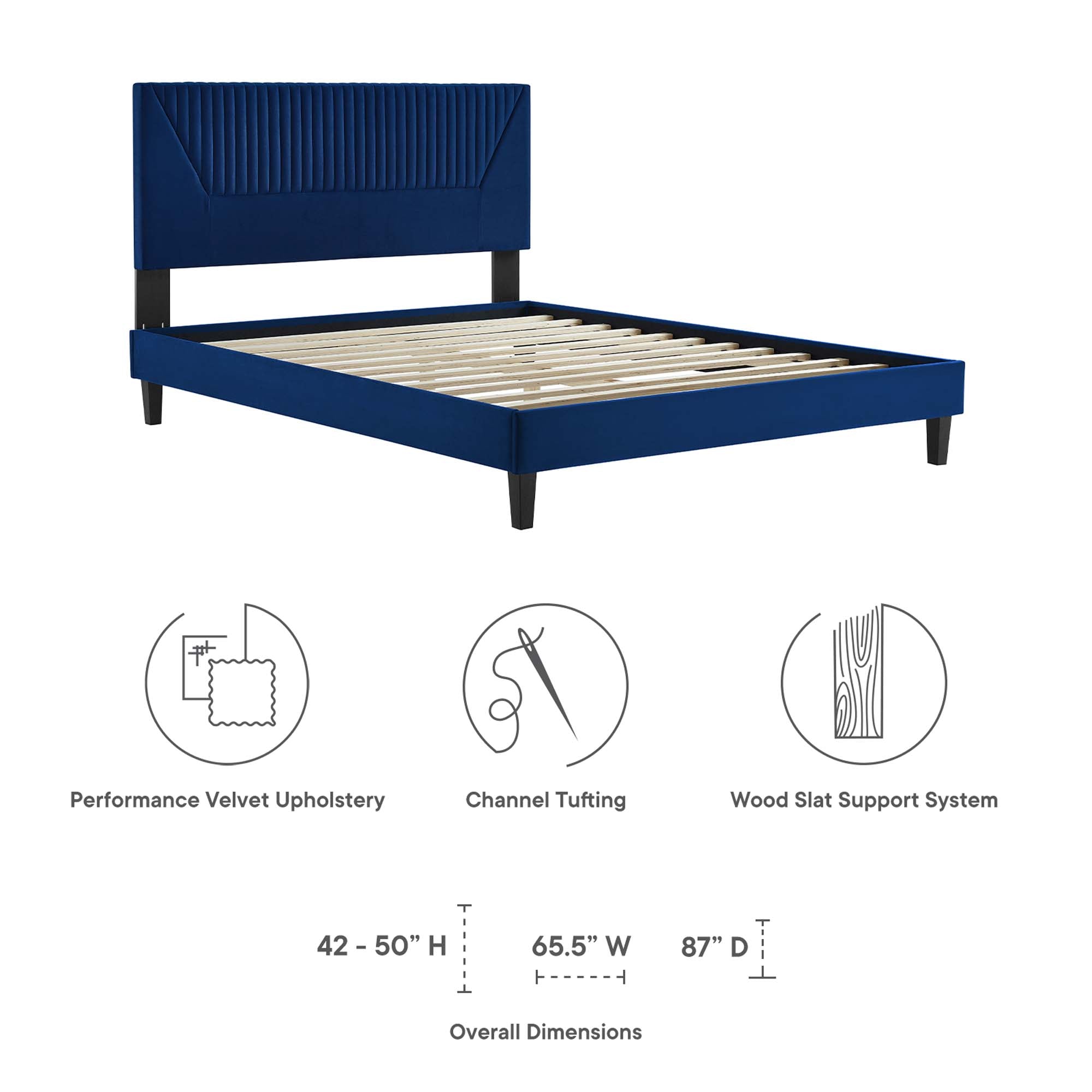 Yasmine Channel Tufted Performance Velvet King Platform Bed, Navy