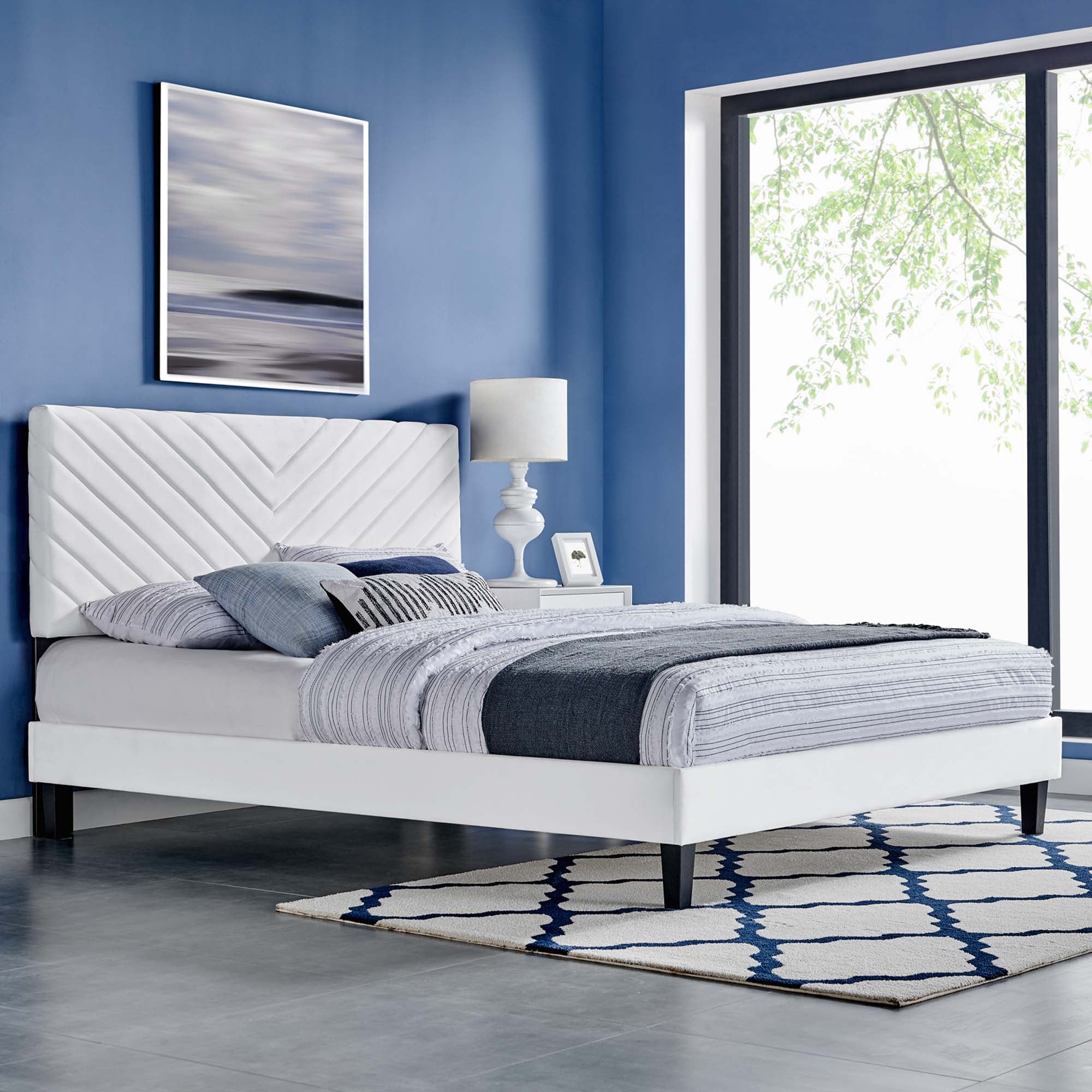 Roxanne White Performance Velvet Full Platform Bed