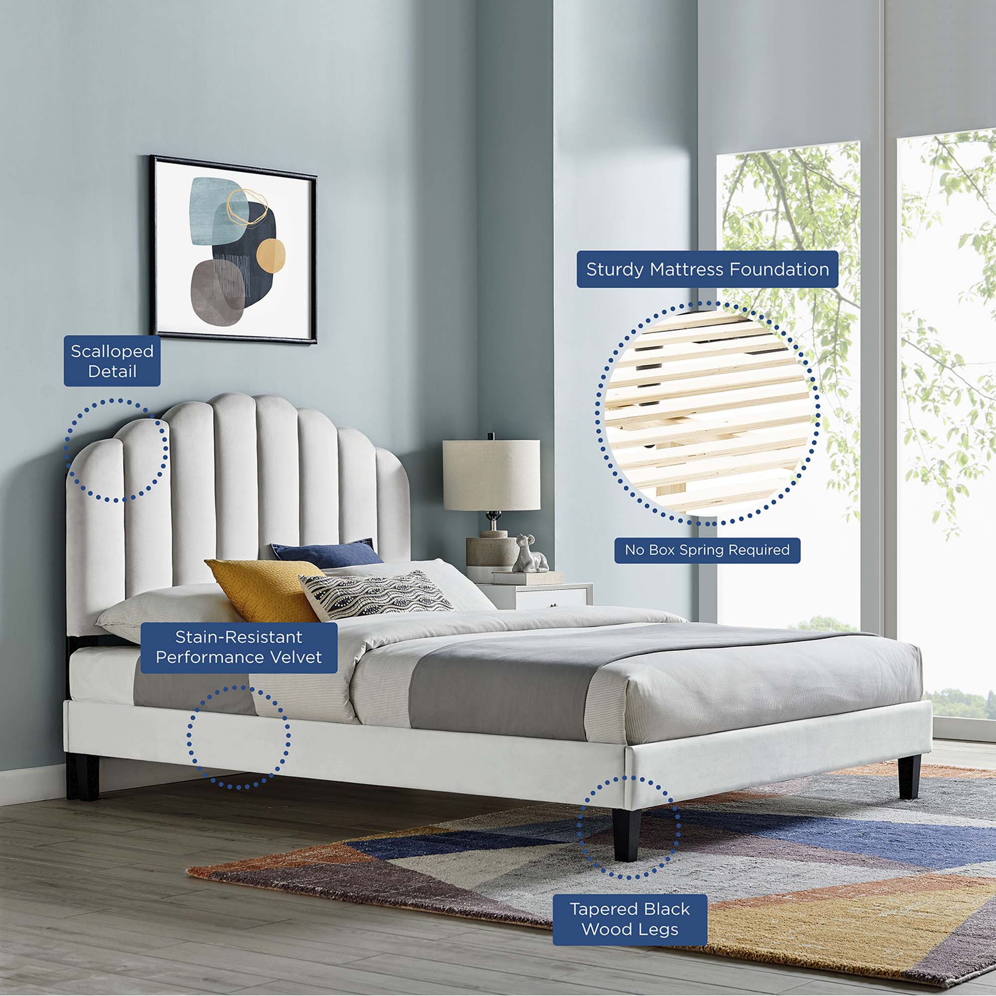 Daisy Performance Velvet Full Platform Bed, Light Gray