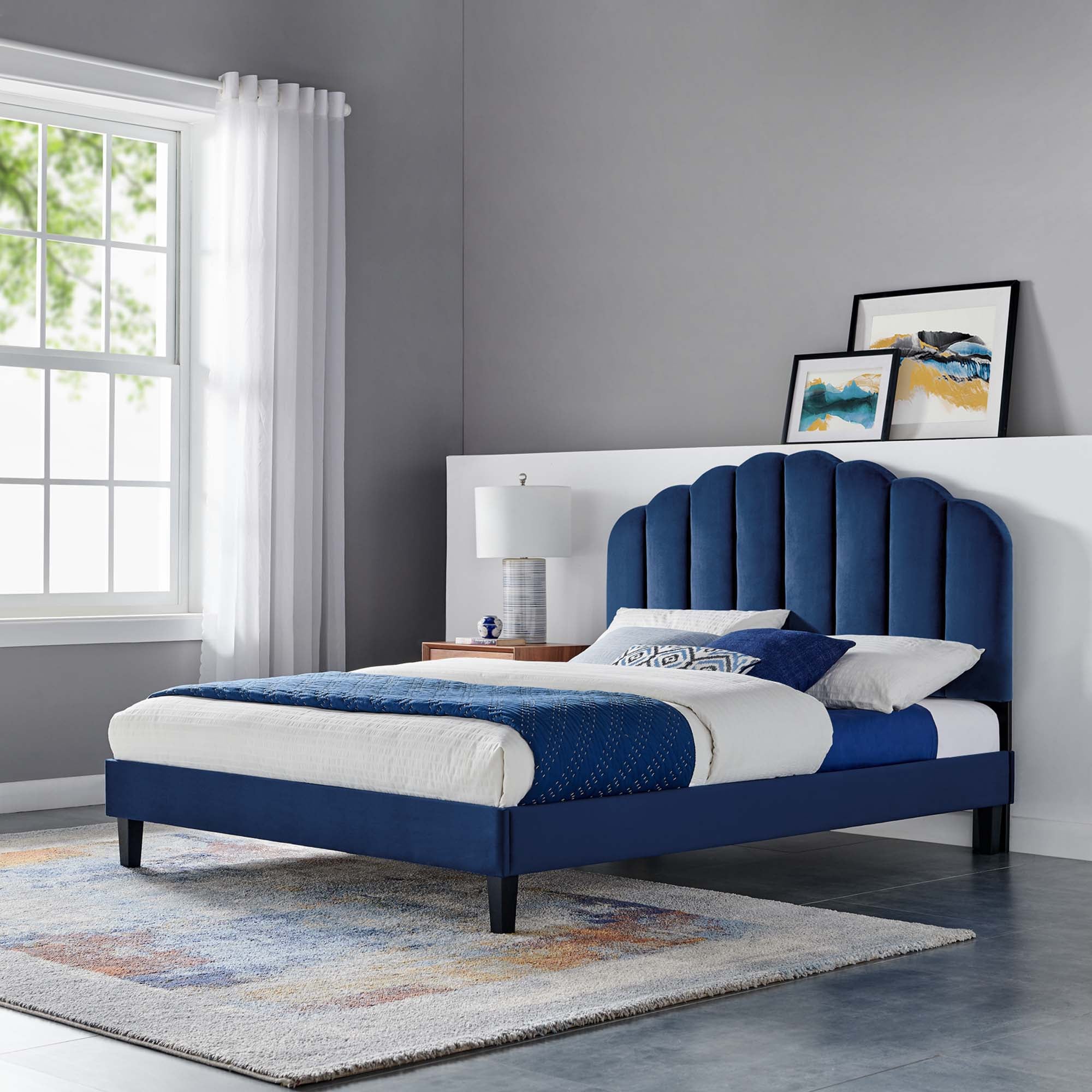 Daisy Navy Performance Velvet Full Platform Bed