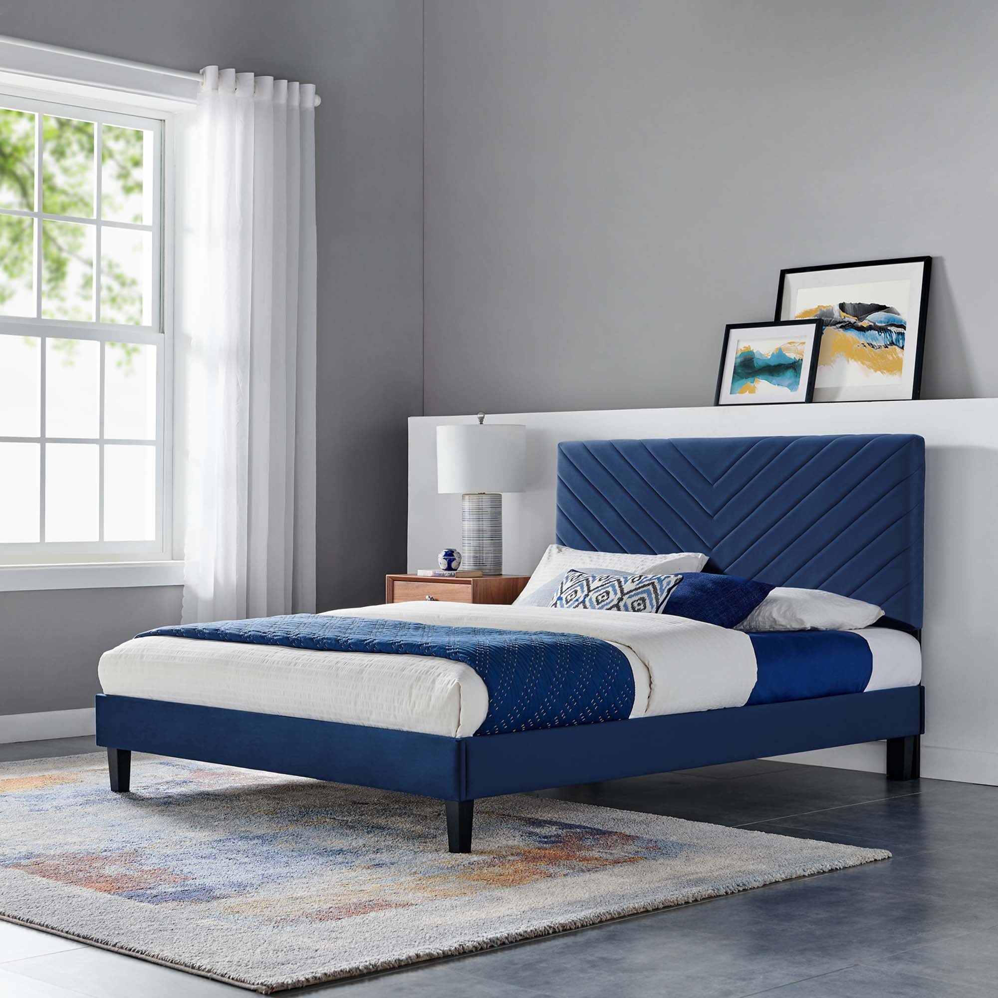 Roxanne Navy Performance Velvet Twin Platform Bed