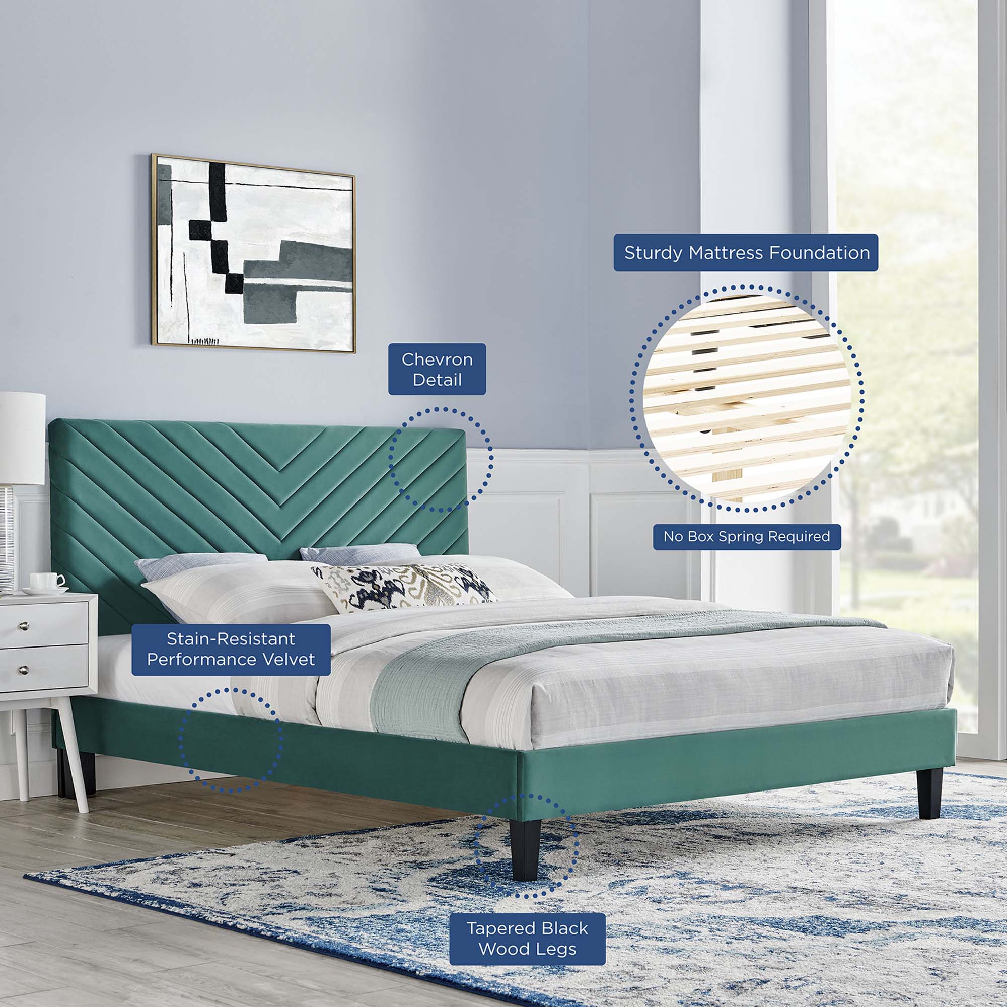 Roxanne Teal Performance Velvet King Platform Bed