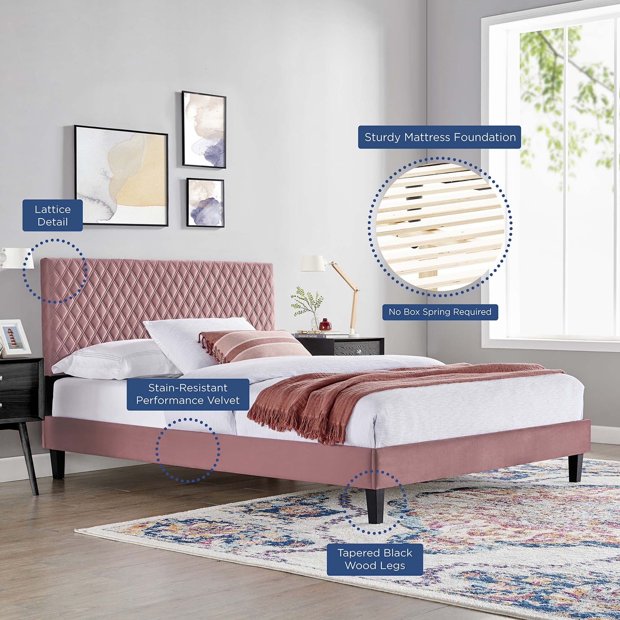 Garcelle Dusty Rose Performance Velvet King Platform Bed