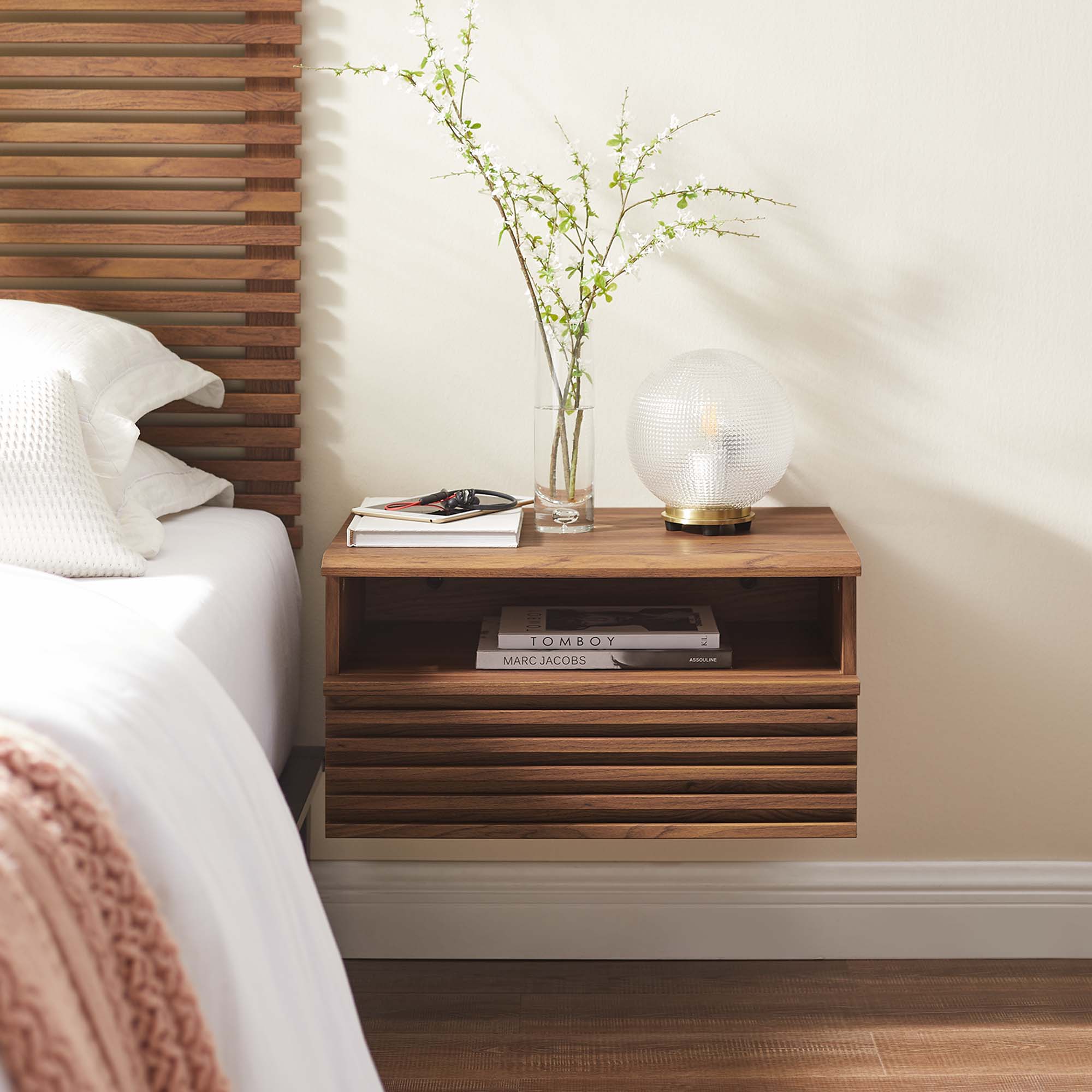 Render Wall-Mount Nightstand, Walnut