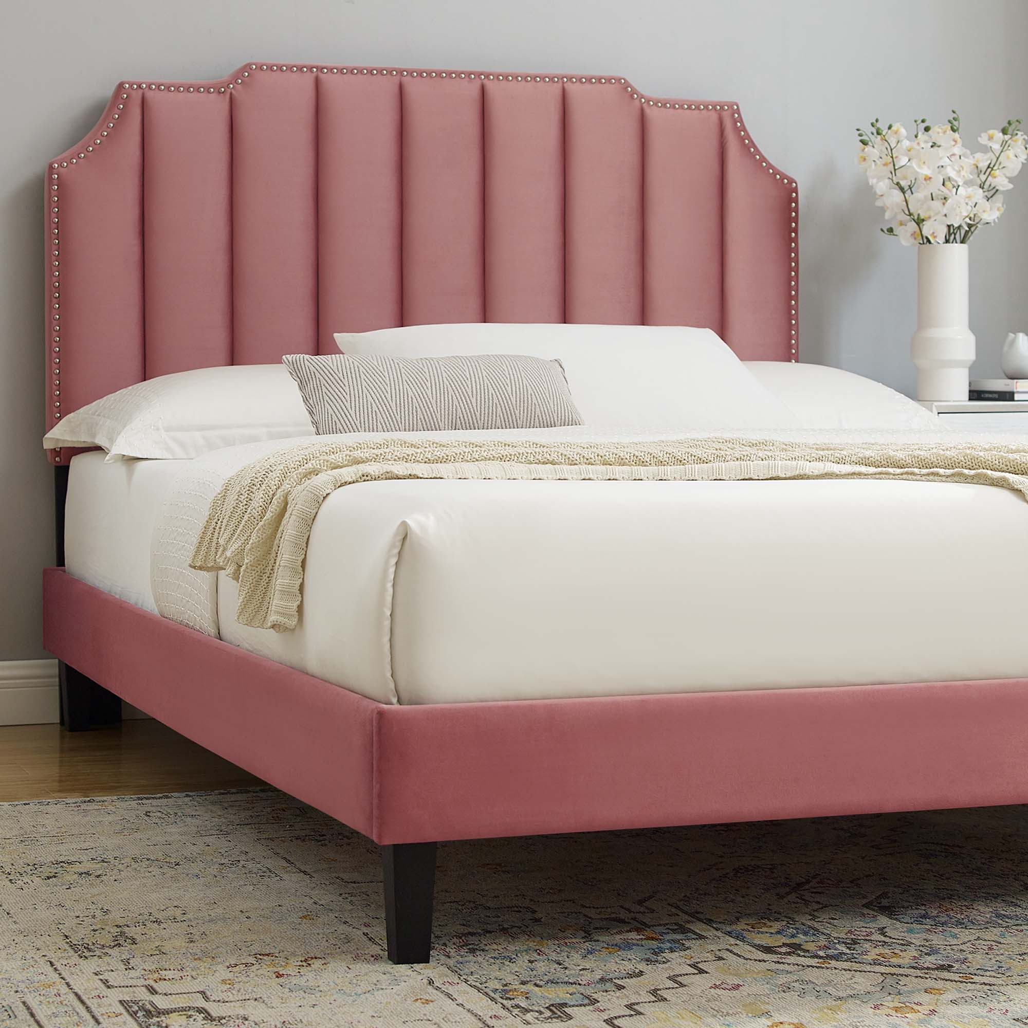 Colette Dusty Rose King Performance Velvet Platform Bed