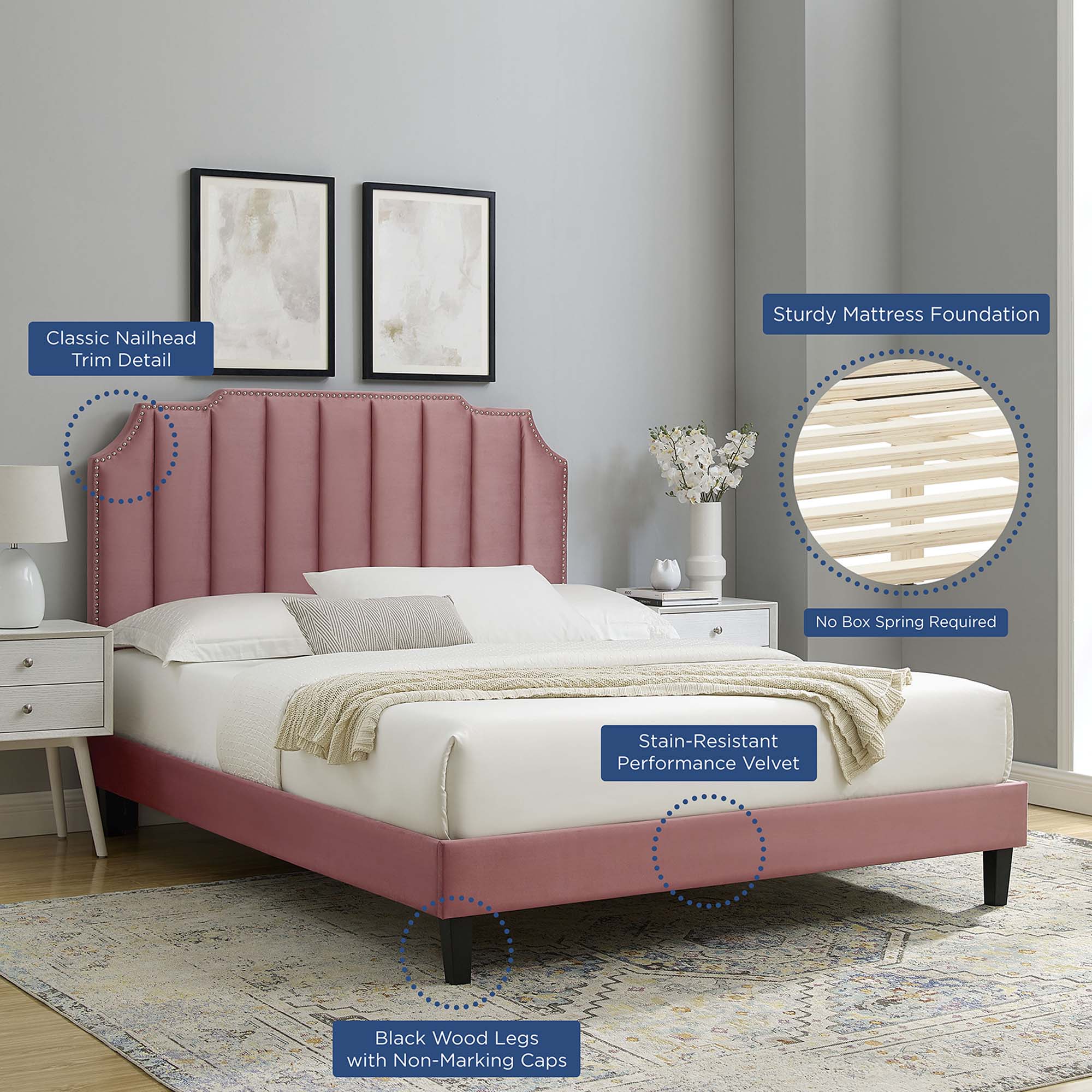 Colette Dusty Rose King Performance Velvet Platform Bed