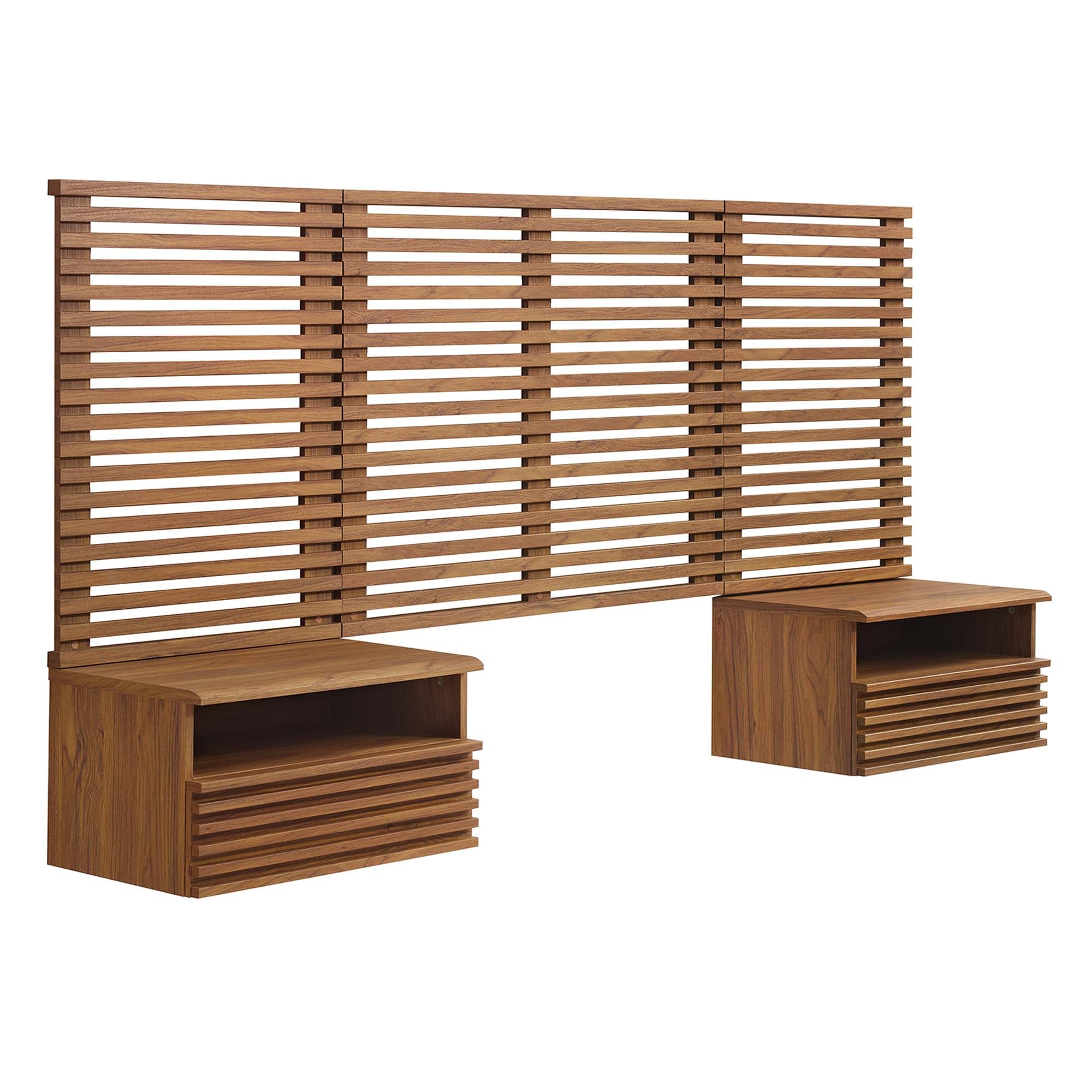 Render Wall Mount Twin Headboard and Modern Nightstands, Walnut