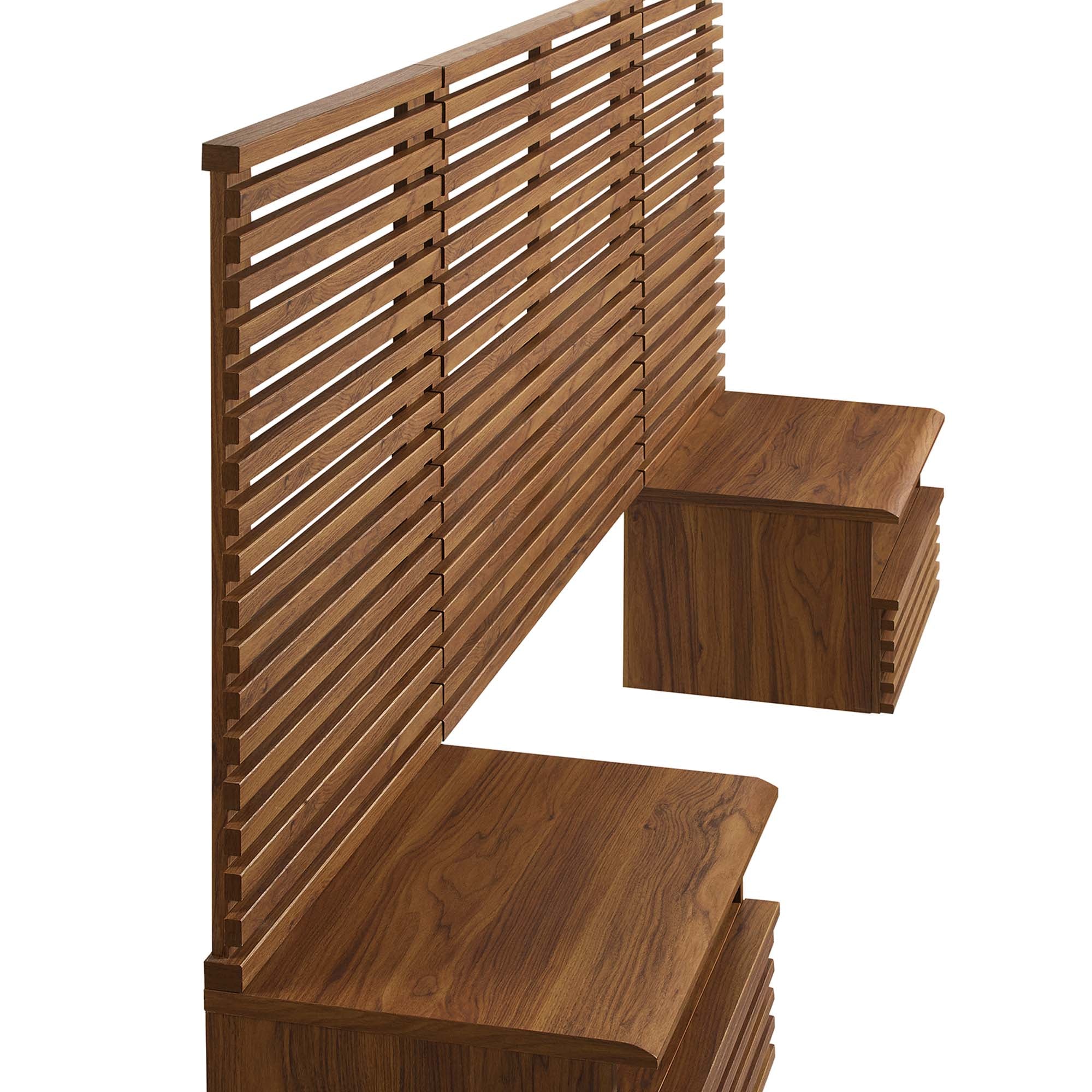 Render Wall Mount Twin Headboard and Modern Nightstands, Walnut