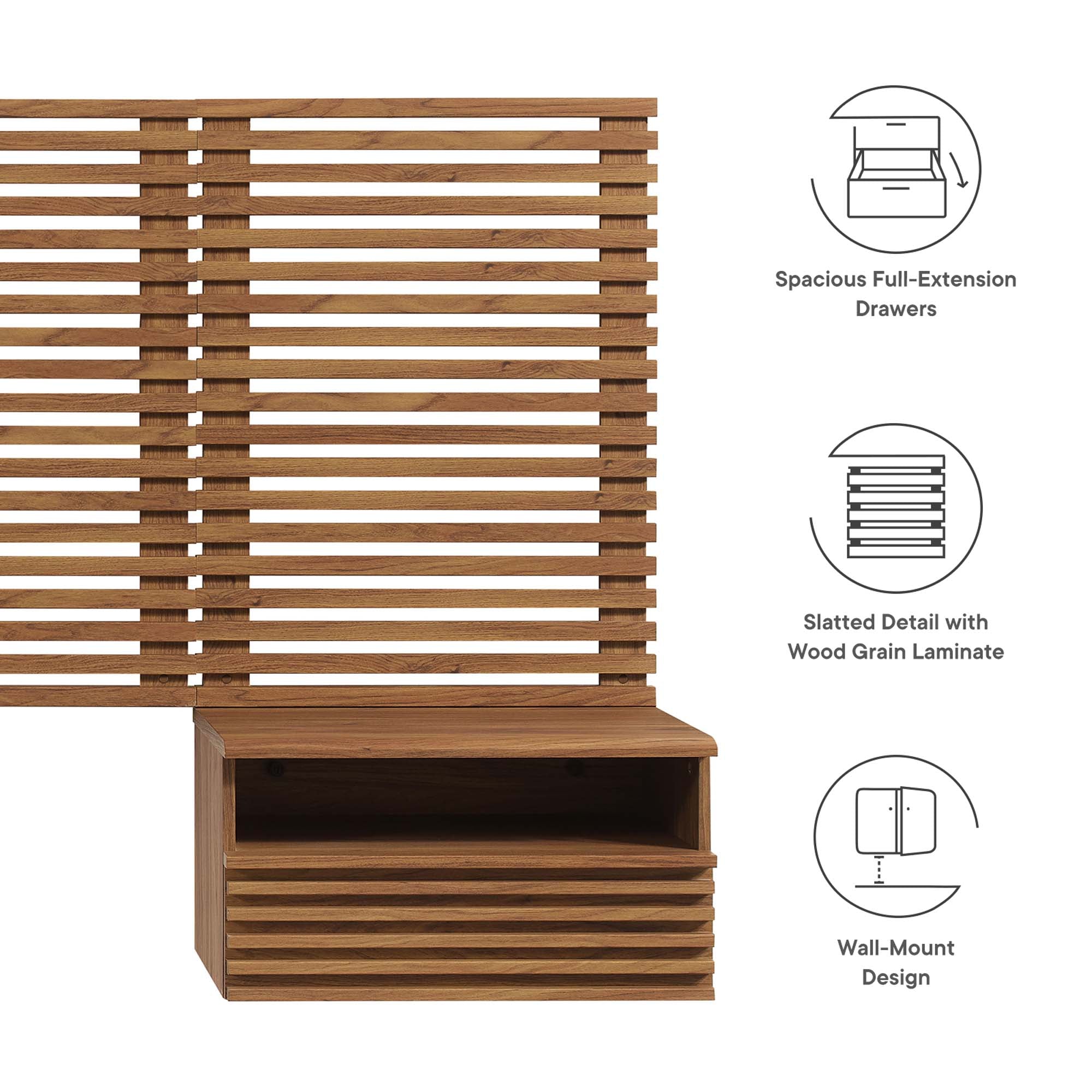 Render Wall Mount Twin Headboard and Modern Nightstands, Walnut